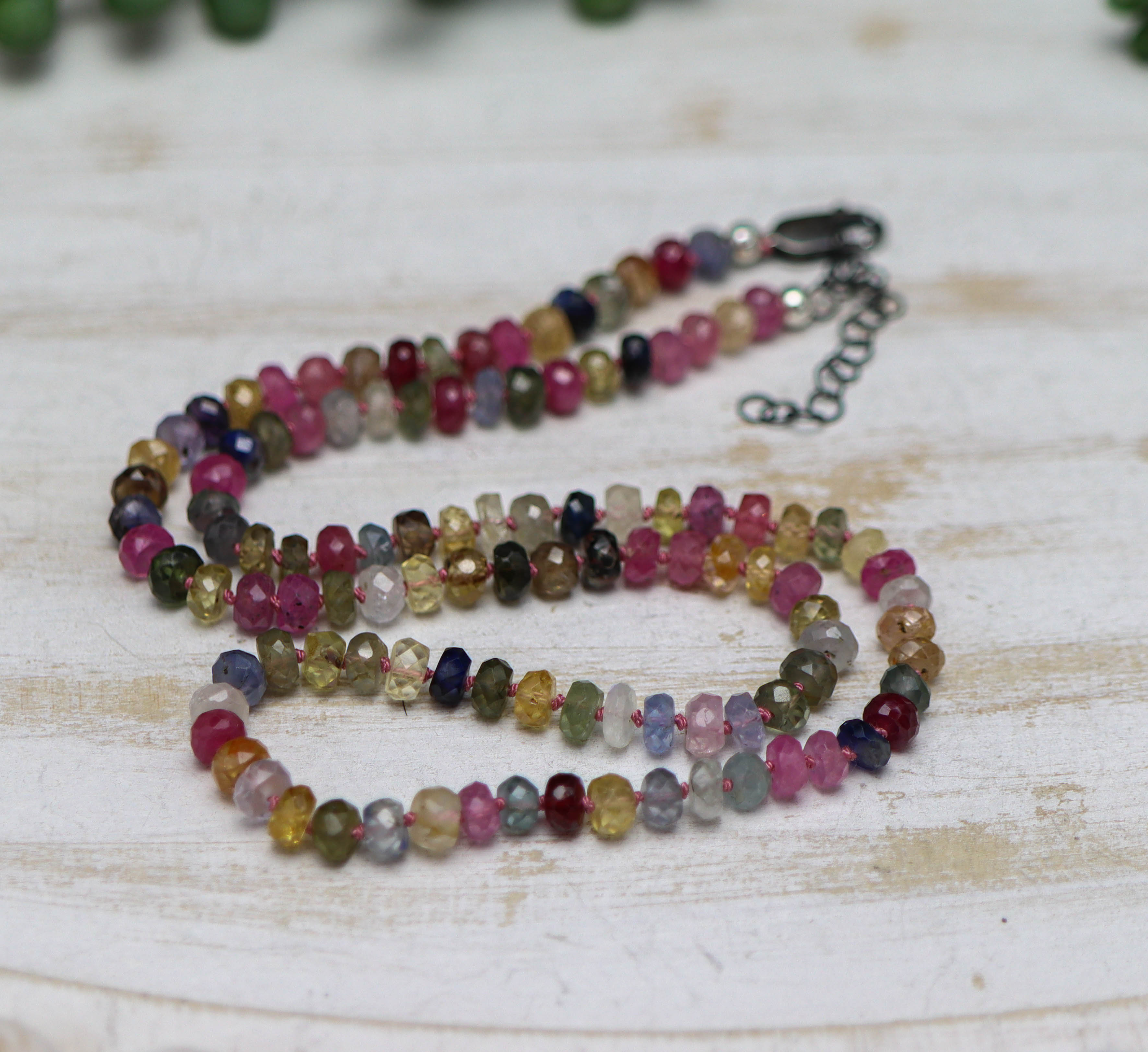Multi Colored Sapphire Hand Knotted Bead Necklace Sterling Silver 18 inch