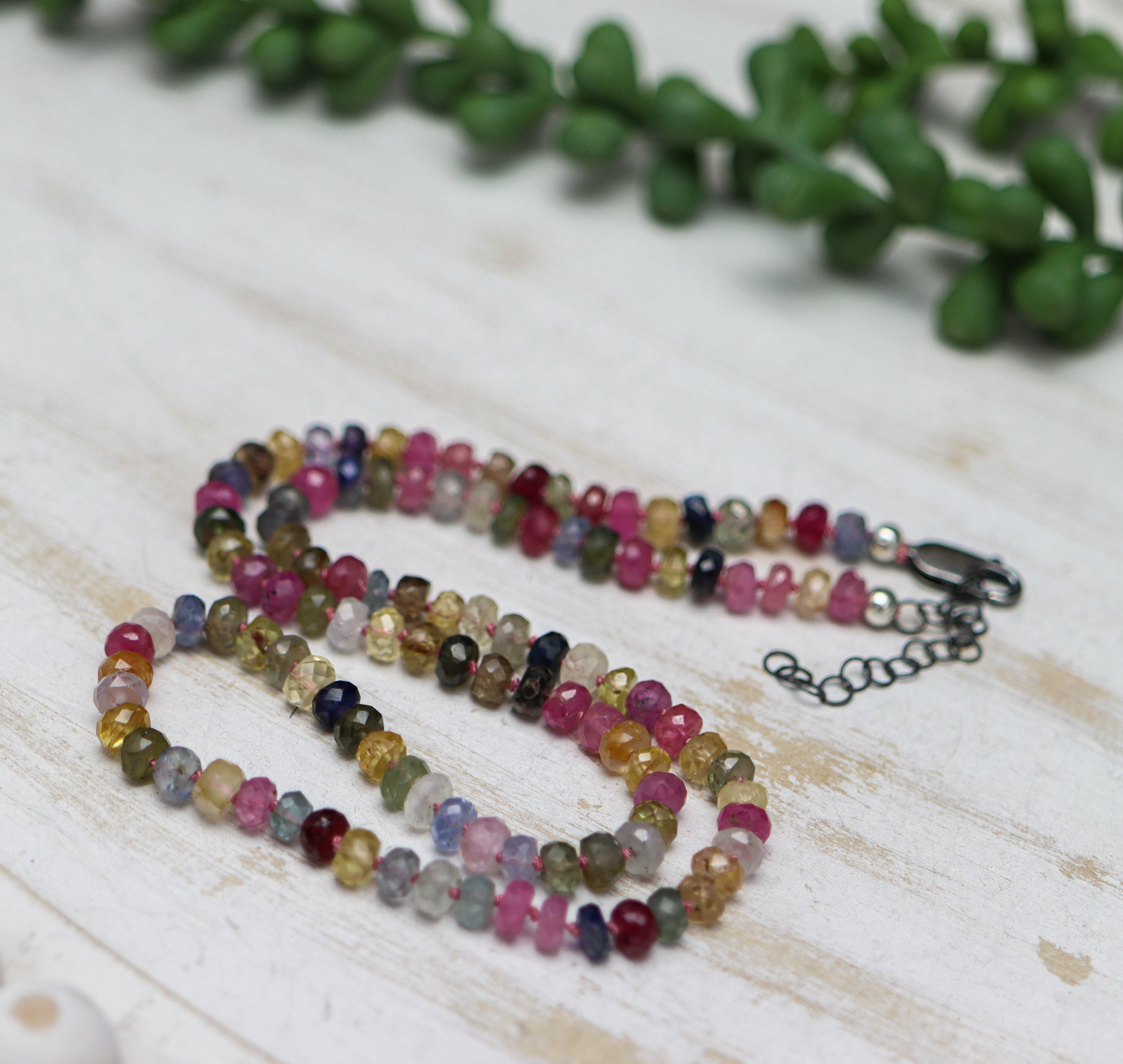 Multi Colored Sapphire Hand Knotted Bead Necklace Sterling Silver 18 inch