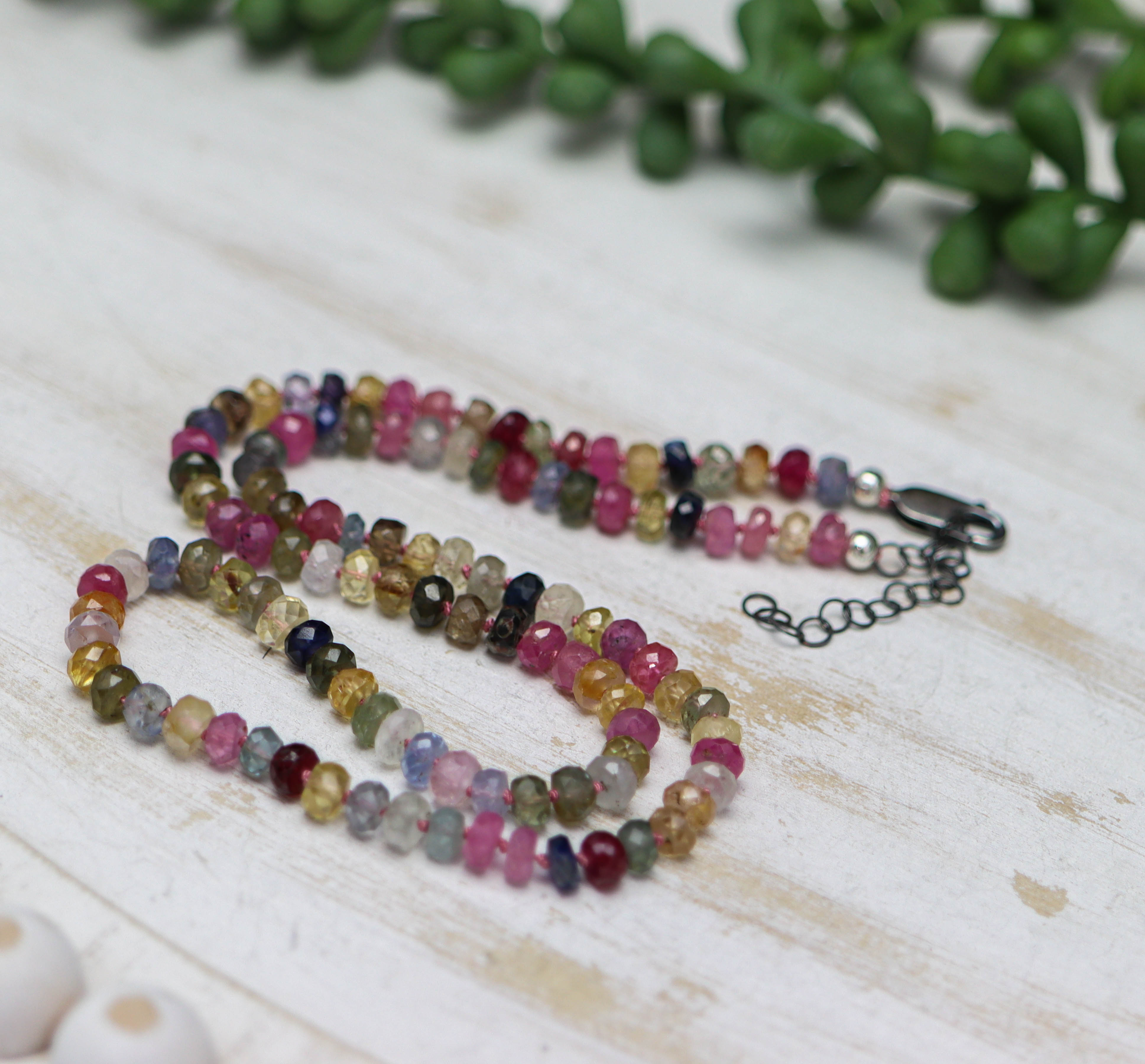 Multi Colored Sapphire Hand Knotted Bead Necklace Sterling Silver 18 inch
