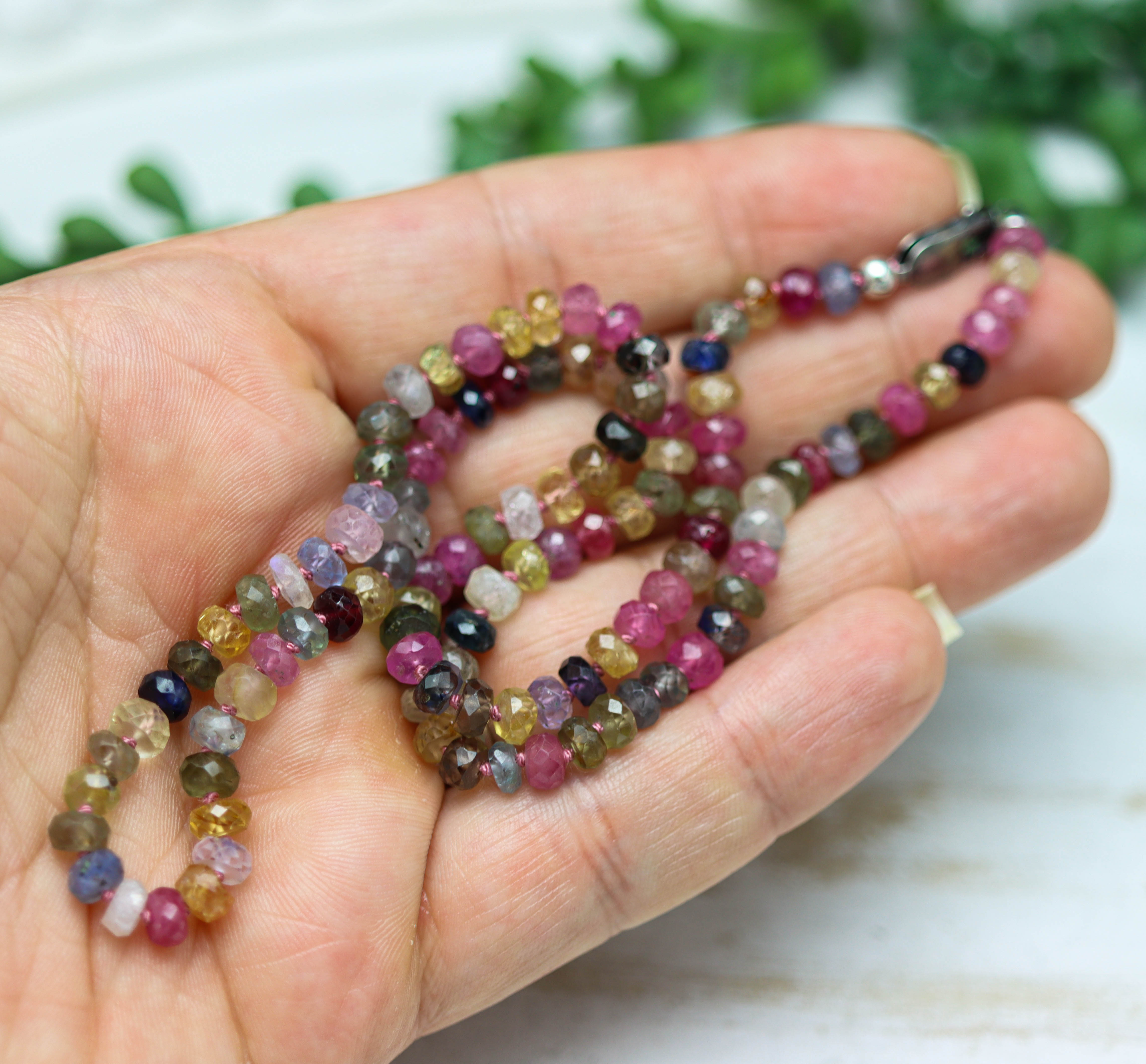 Multi Colored Sapphire Hand Knotted Bead Necklace Sterling Silver 18 inch