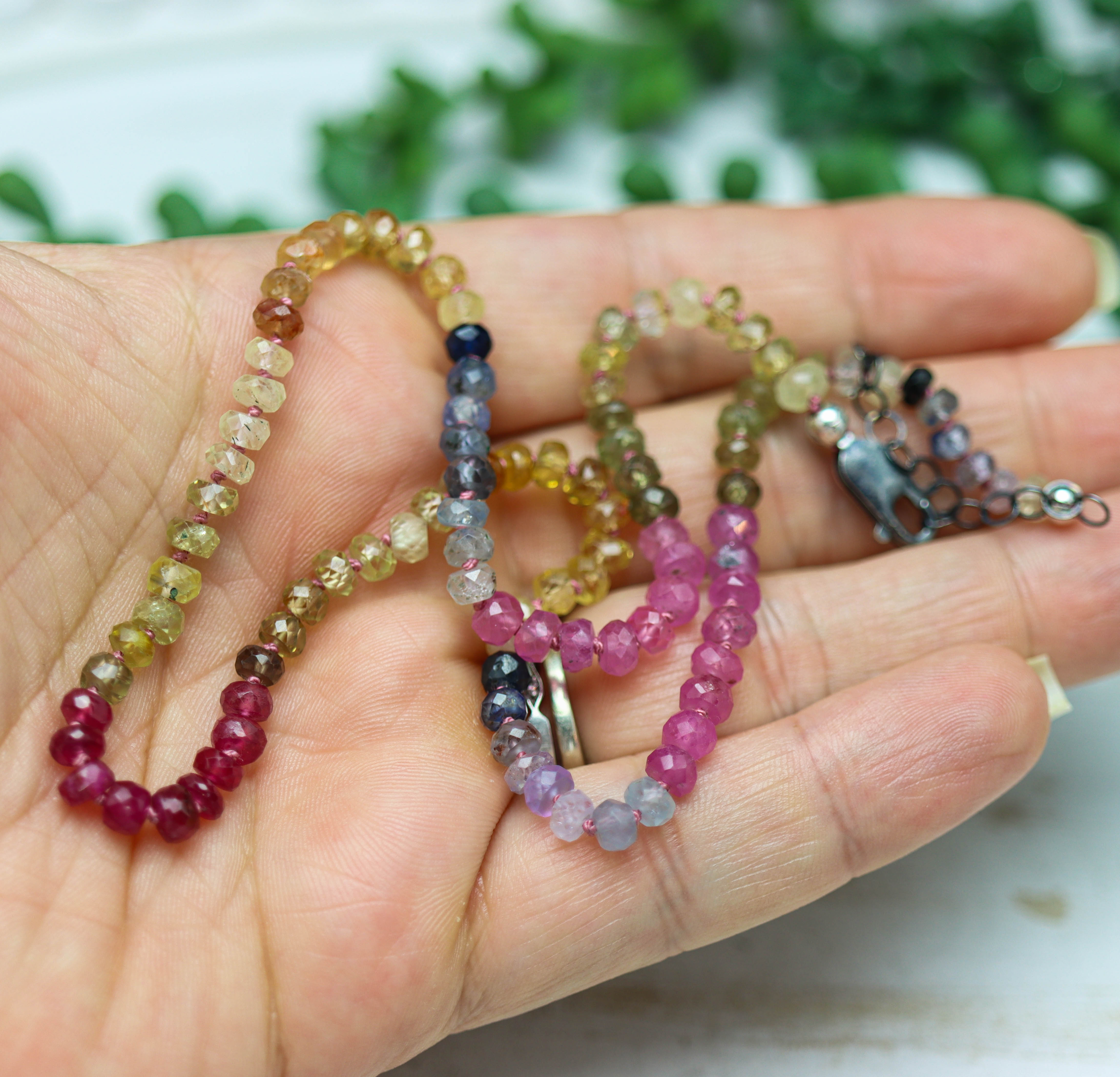Multi Colored Sapphire Hand Knotted Bead Necklace Sterling Silver 16 inch