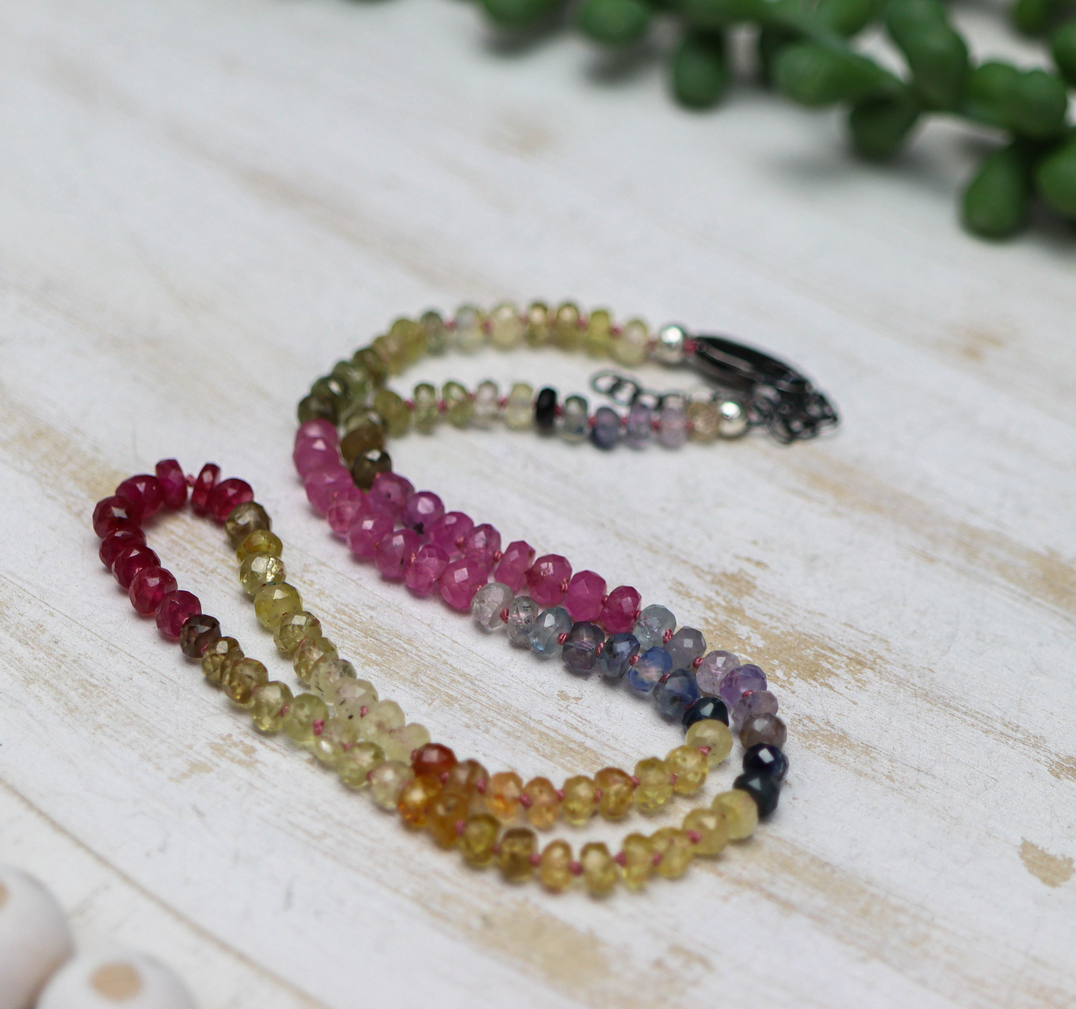 Multi Colored Sapphire Hand Knotted Bead Necklace Sterling Silver 16 inch