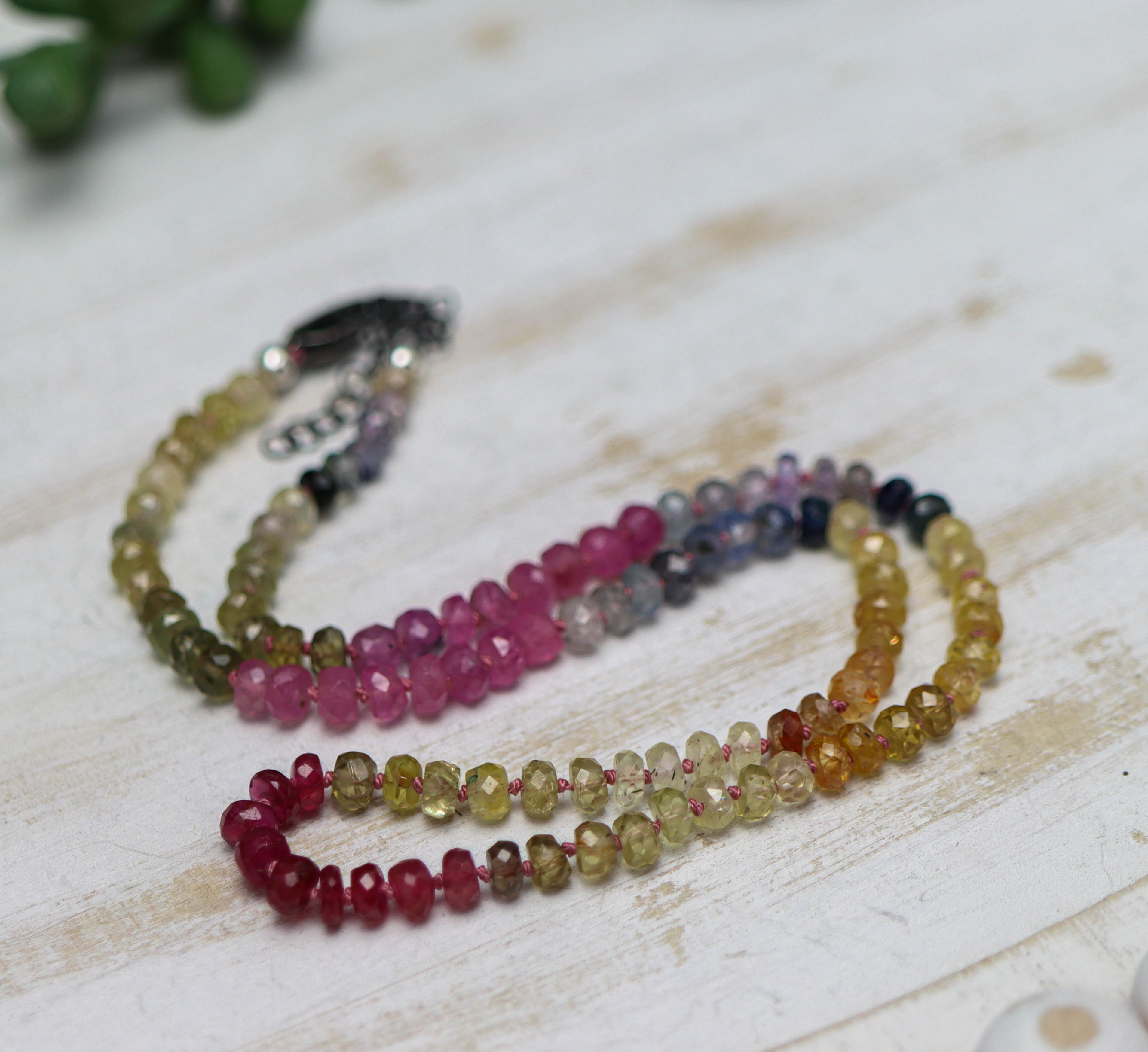 Multi Colored Sapphire Hand Knotted Bead Necklace Sterling Silver 16 inch