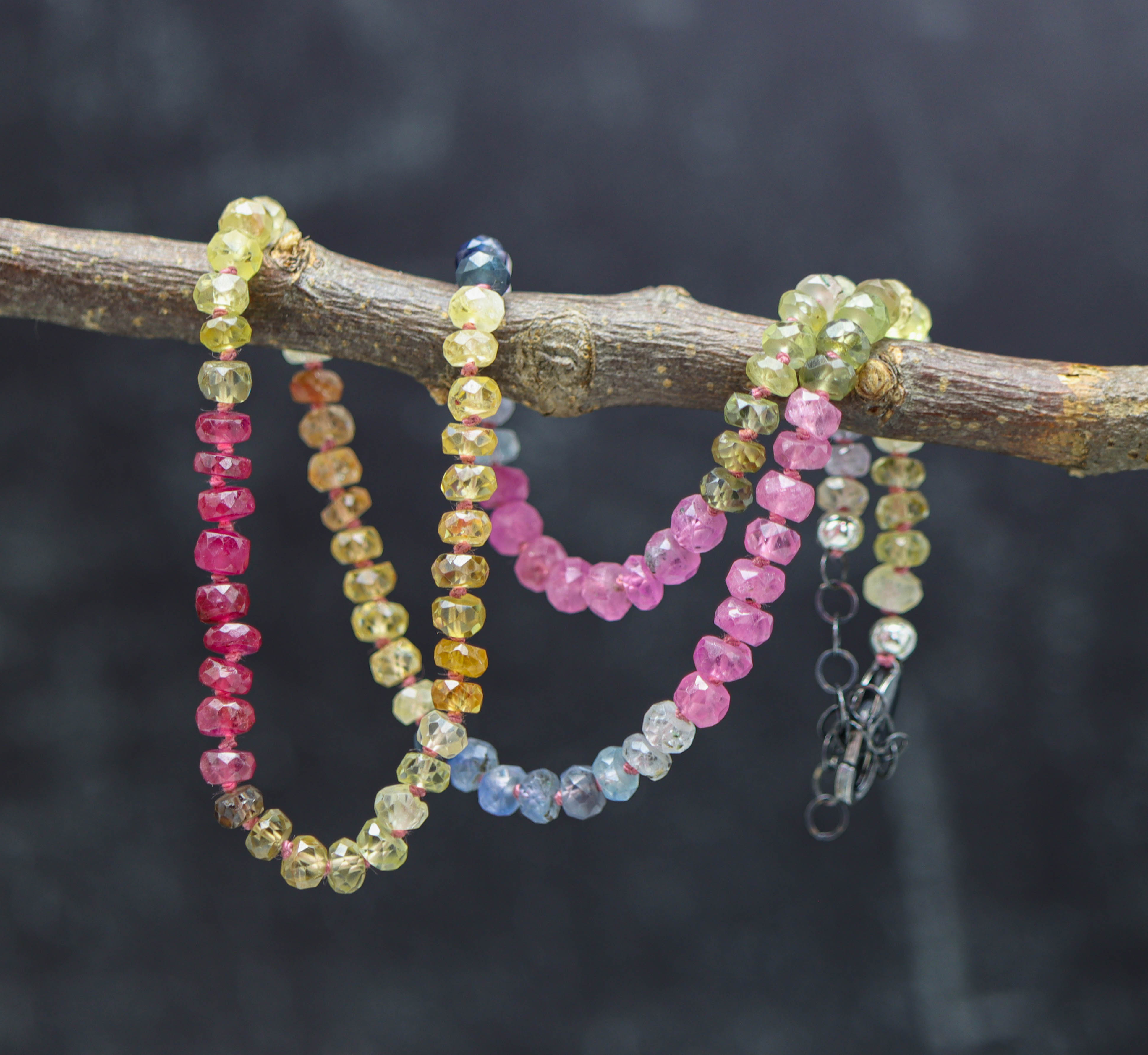 Multi Colored Sapphire Hand Knotted Bead Necklace Sterling Silver 16 inch