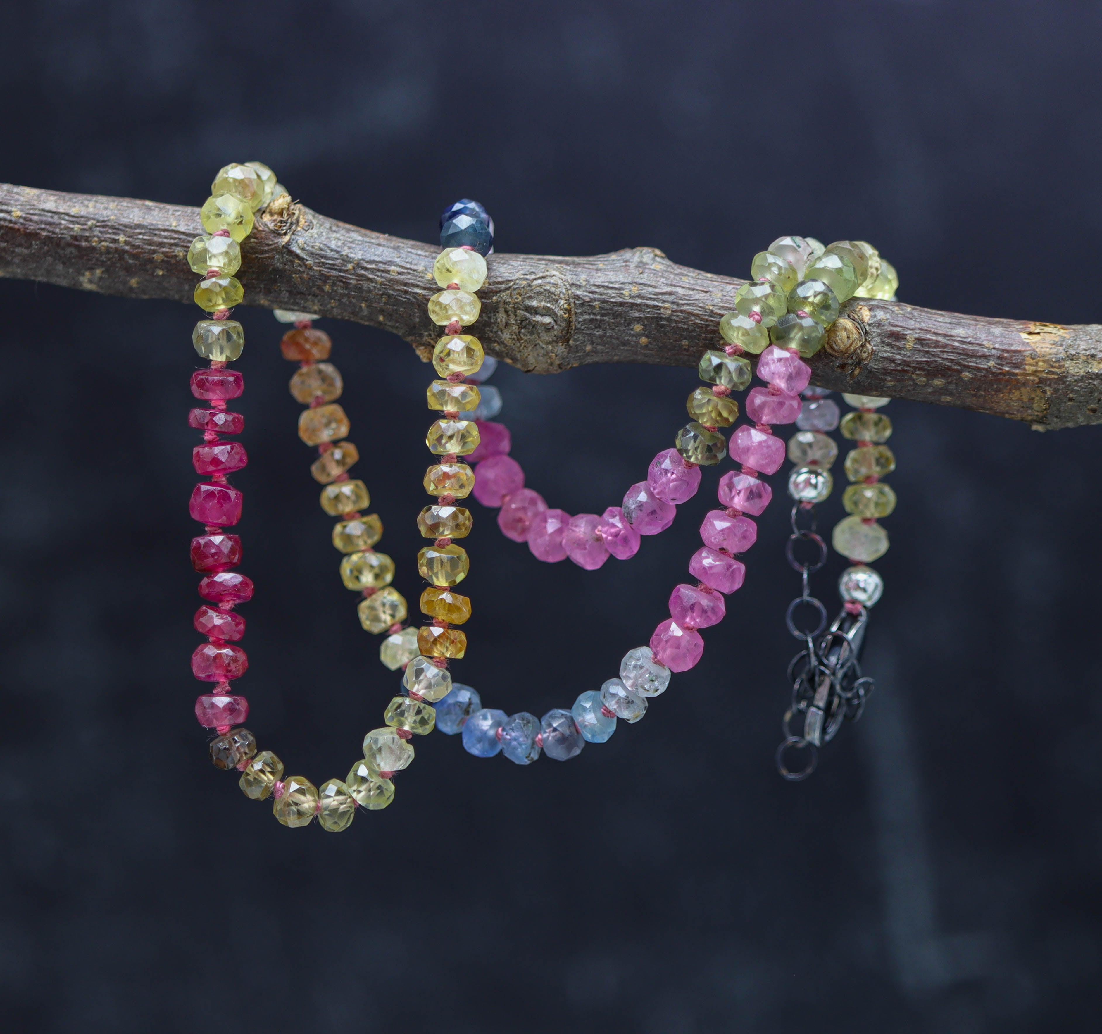 Multi Colored Sapphire Hand Knotted Bead Necklace Sterling Silver 16 inch