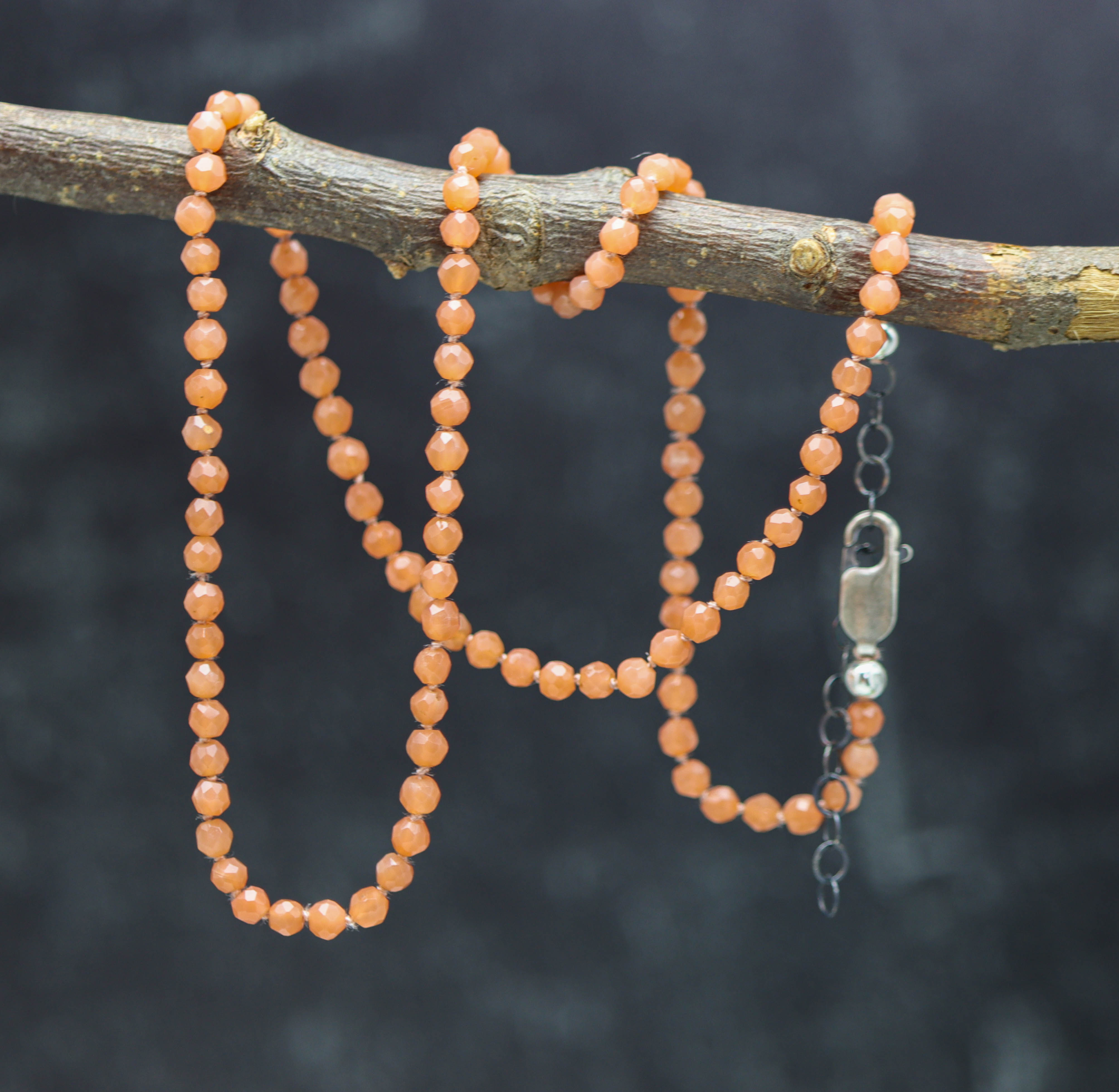 Peach Moonstone Hand Knotted Bead Necklace Sterling Silver