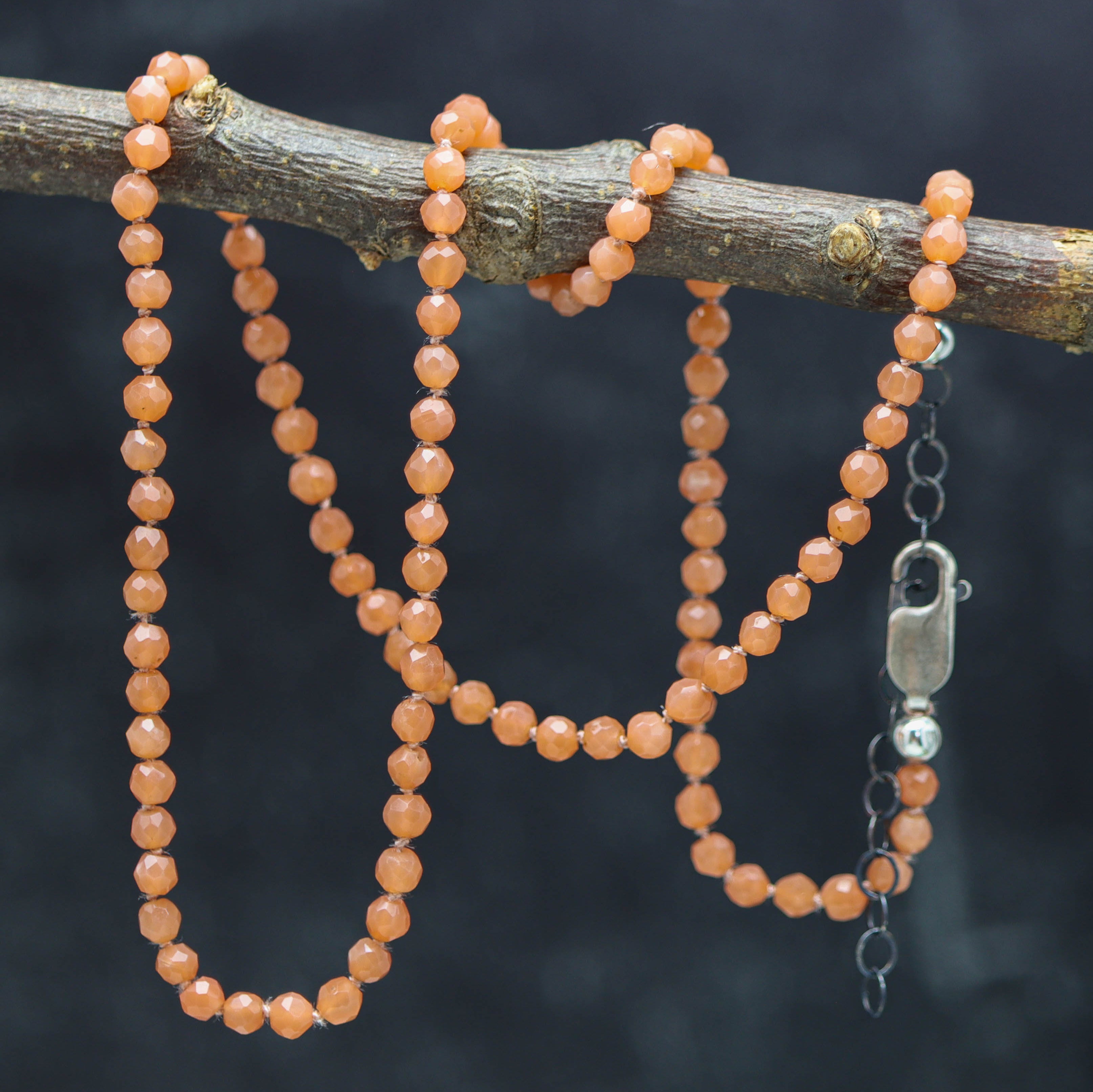 Peach Moonstone Hand Knotted Bead Necklace Sterling Silver