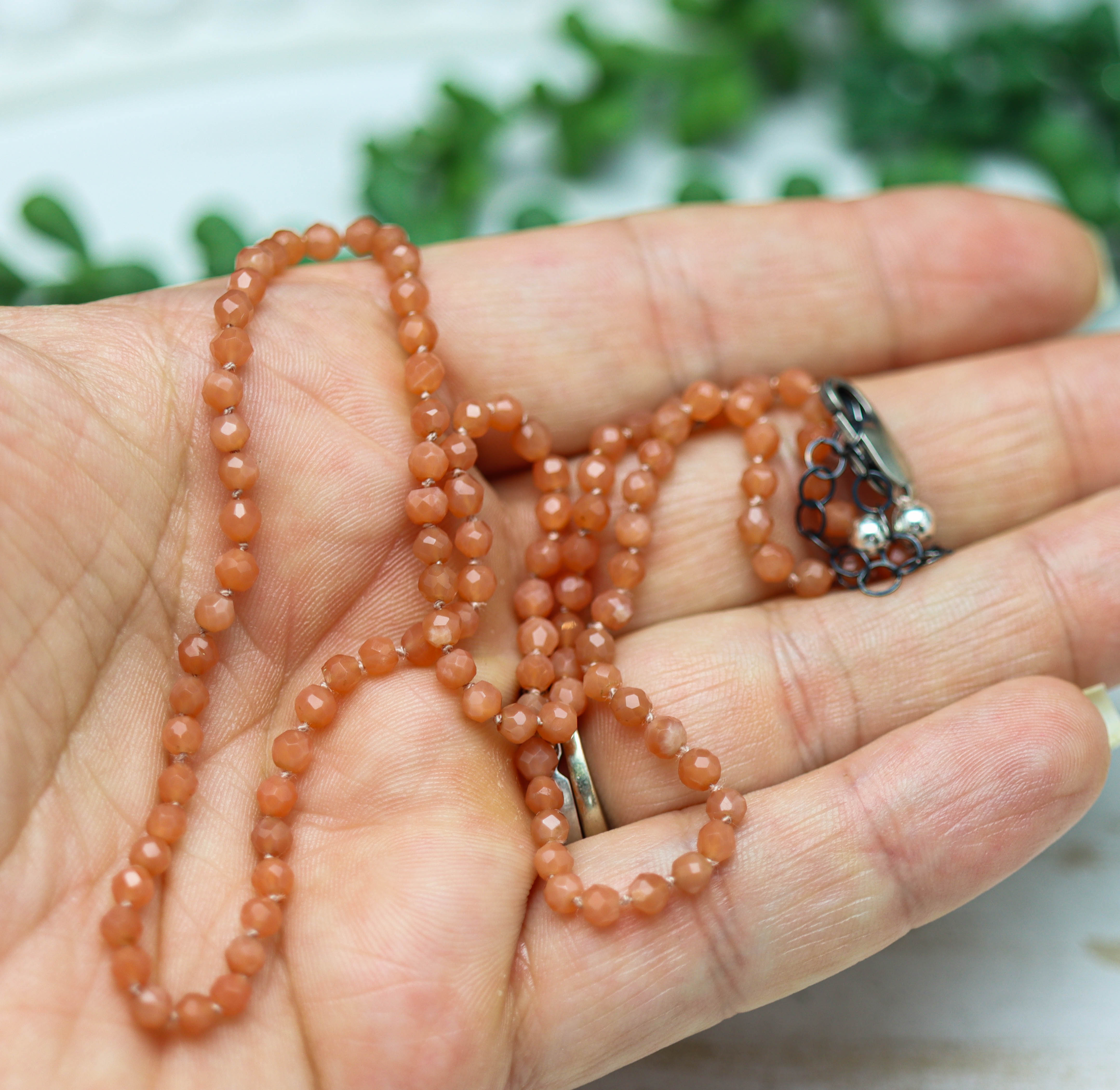 Peach Moonstone Hand Knotted Bead Necklace Sterling Silver