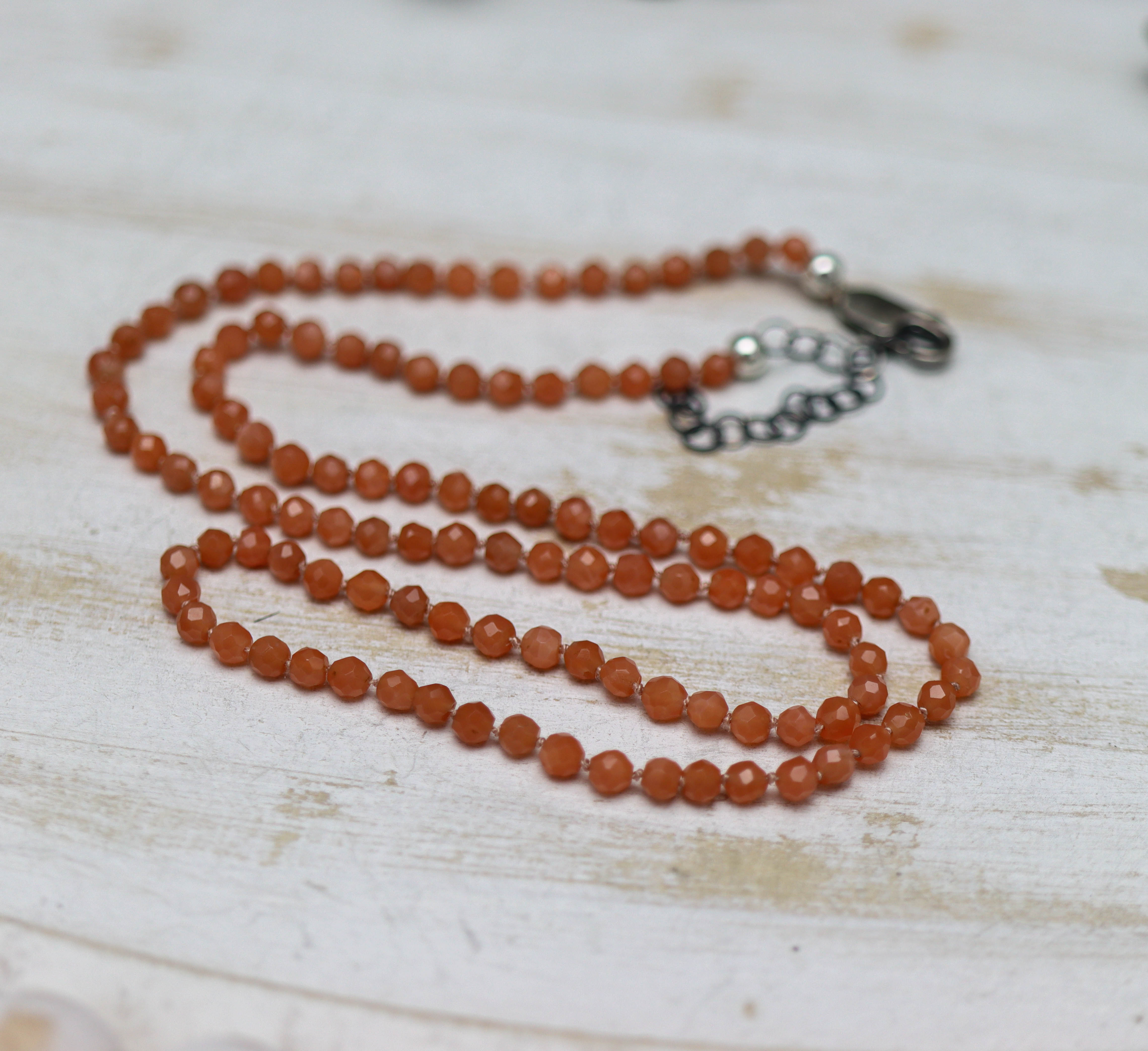 Peach Moonstone Hand Knotted Bead Necklace Sterling Silver