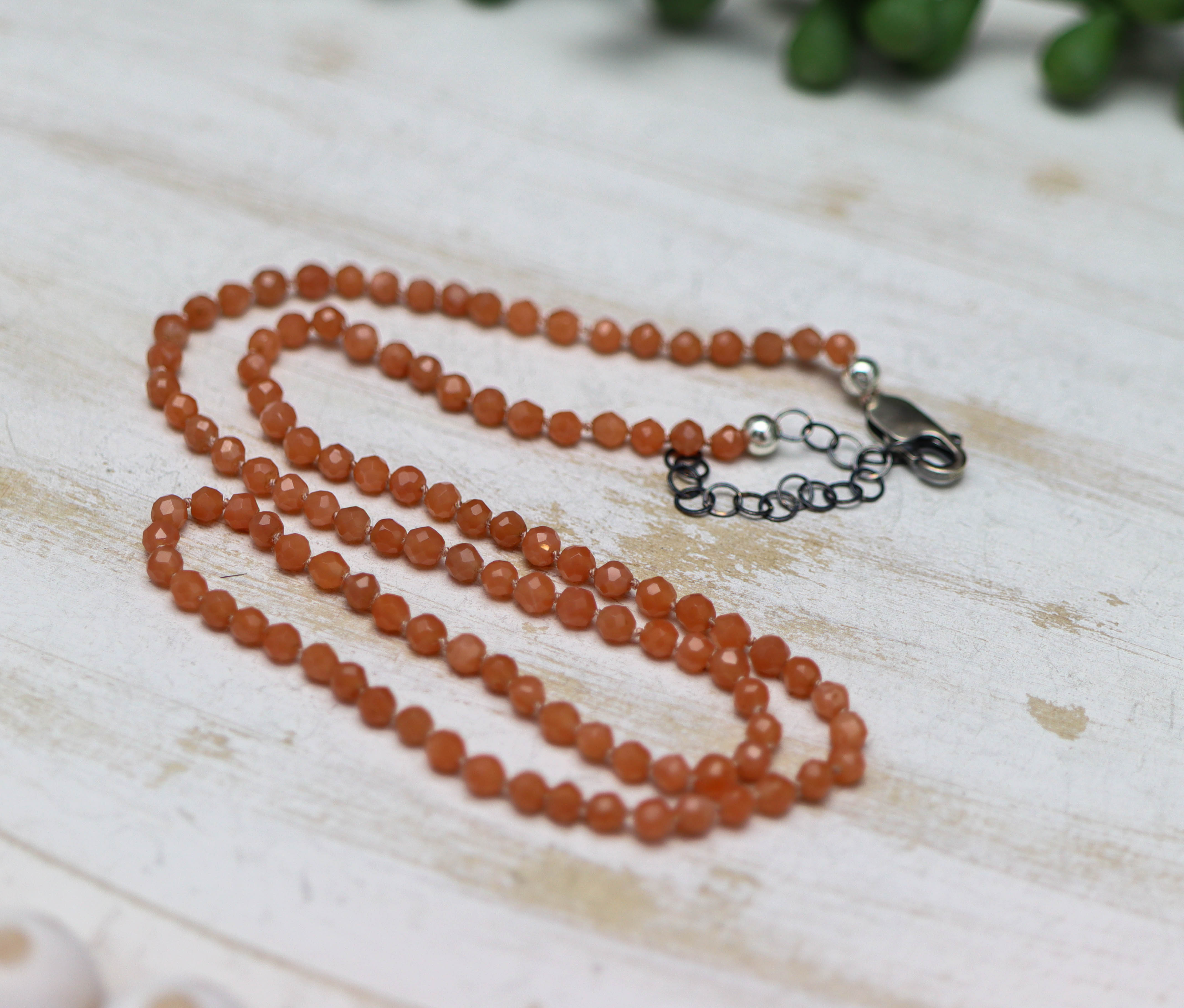 Peach Moonstone Hand Knotted Bead Necklace Sterling Silver