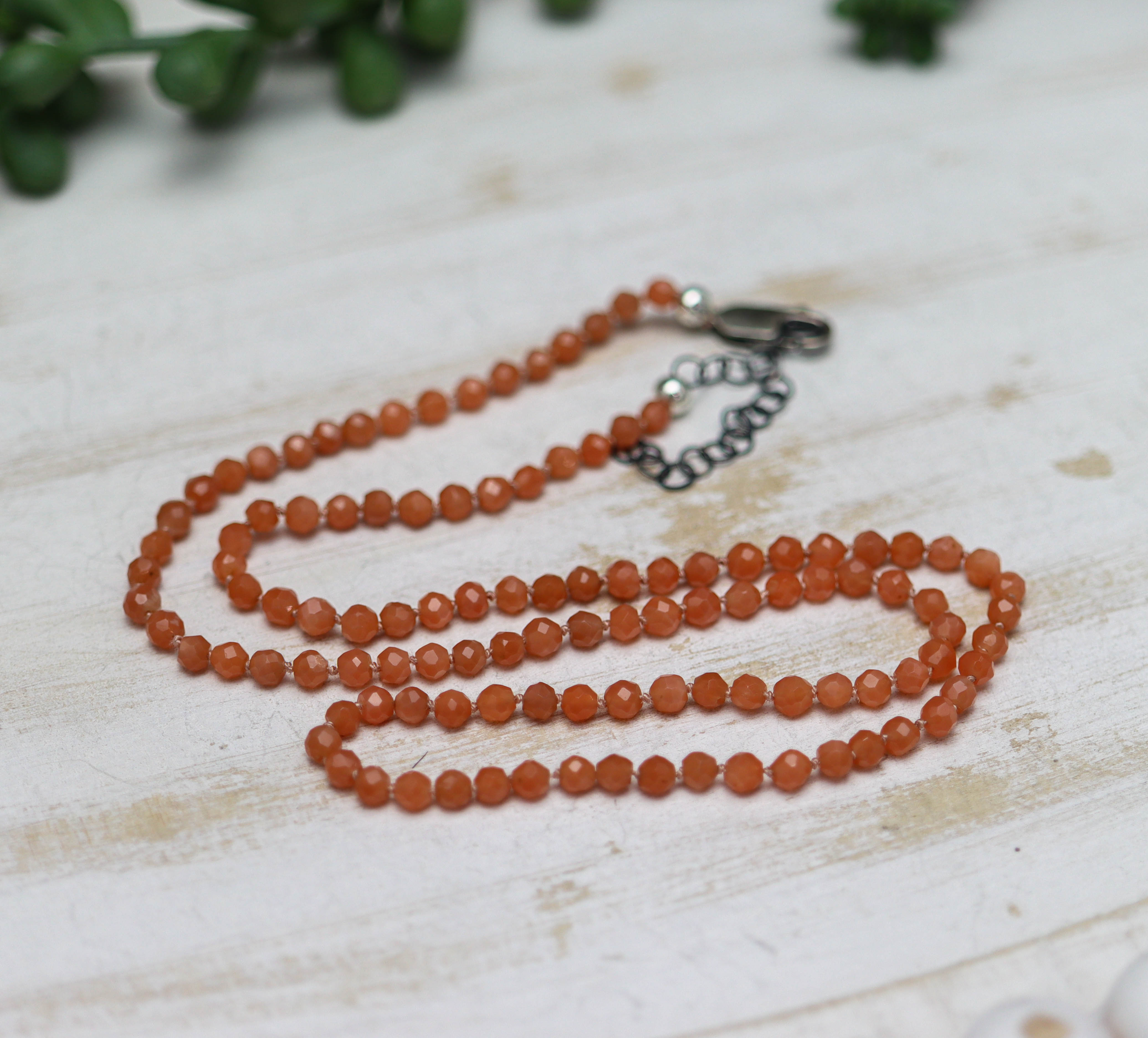 Peach Moonstone Hand Knotted Bead Necklace Sterling Silver