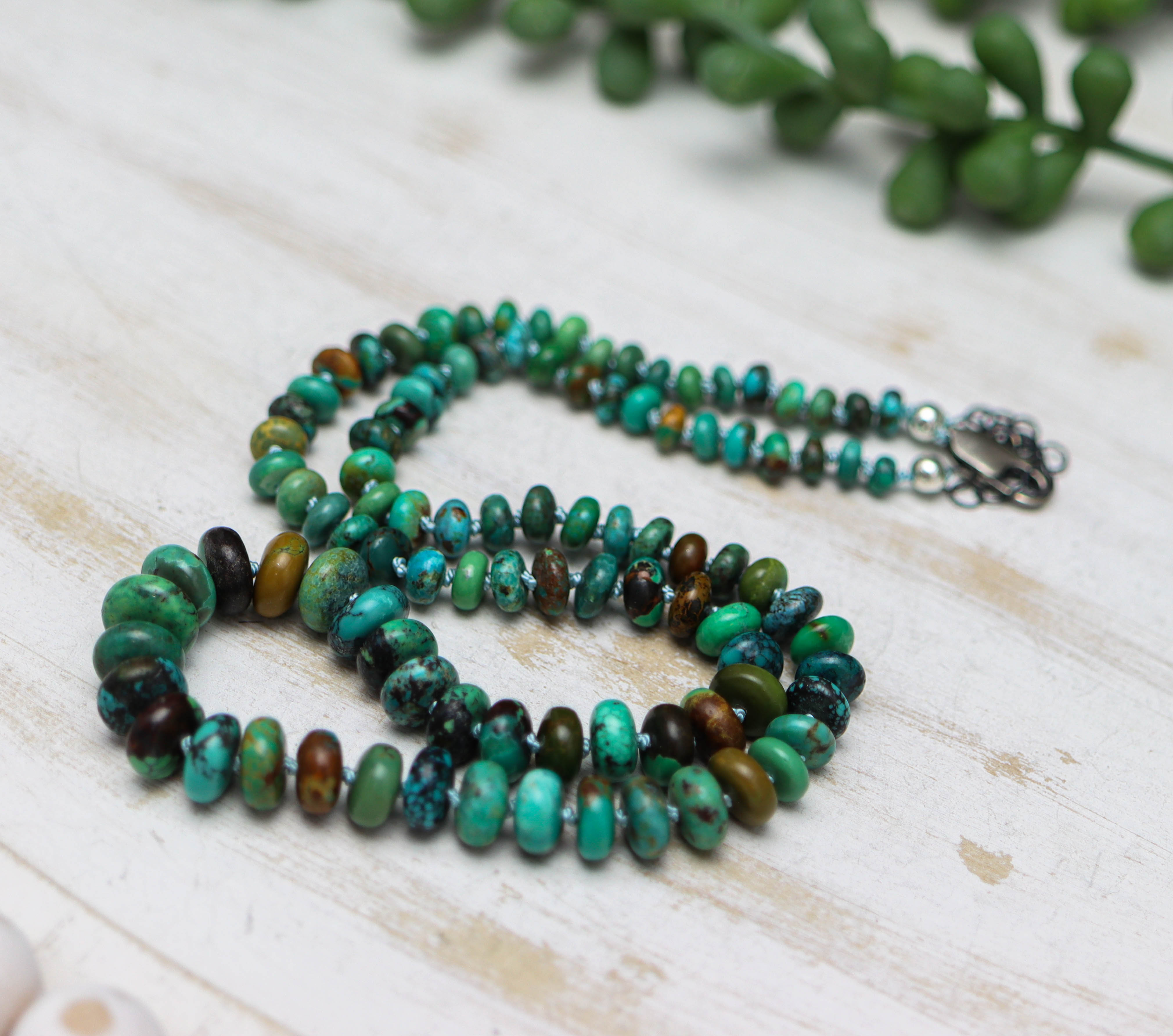 Turquoise Hand Knotted Bead Necklace Sterling Silver