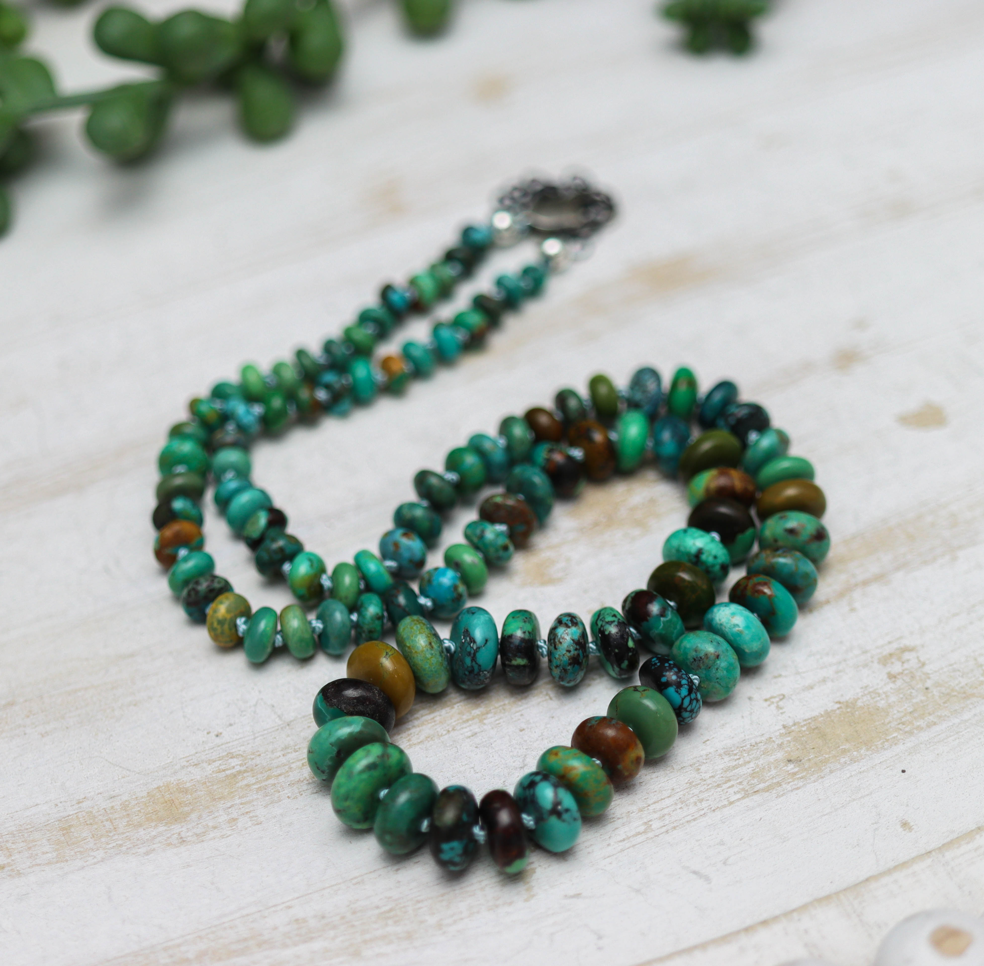 Turquoise Hand Knotted Bead Necklace Sterling Silver