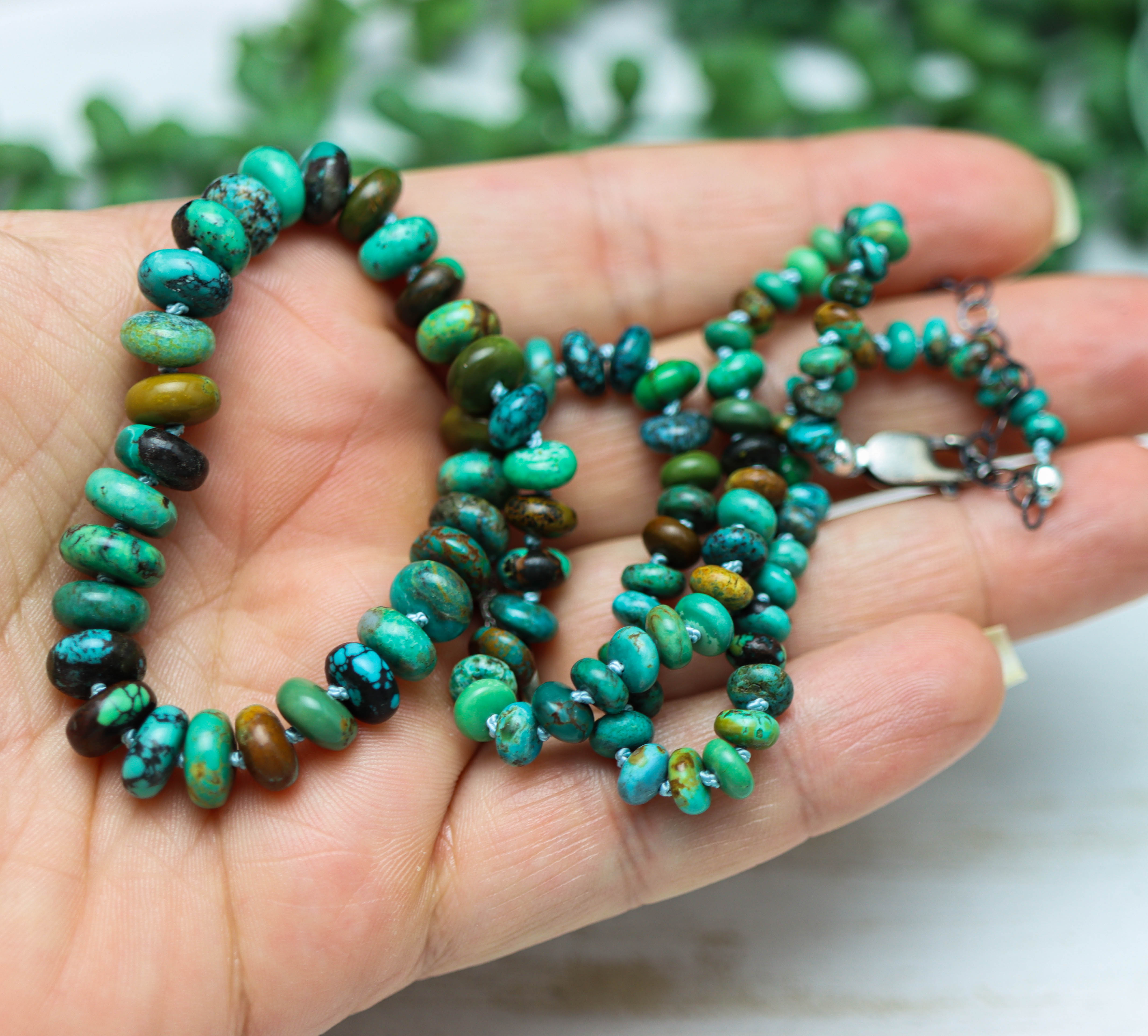 Turquoise Hand Knotted Bead Necklace Sterling Silver