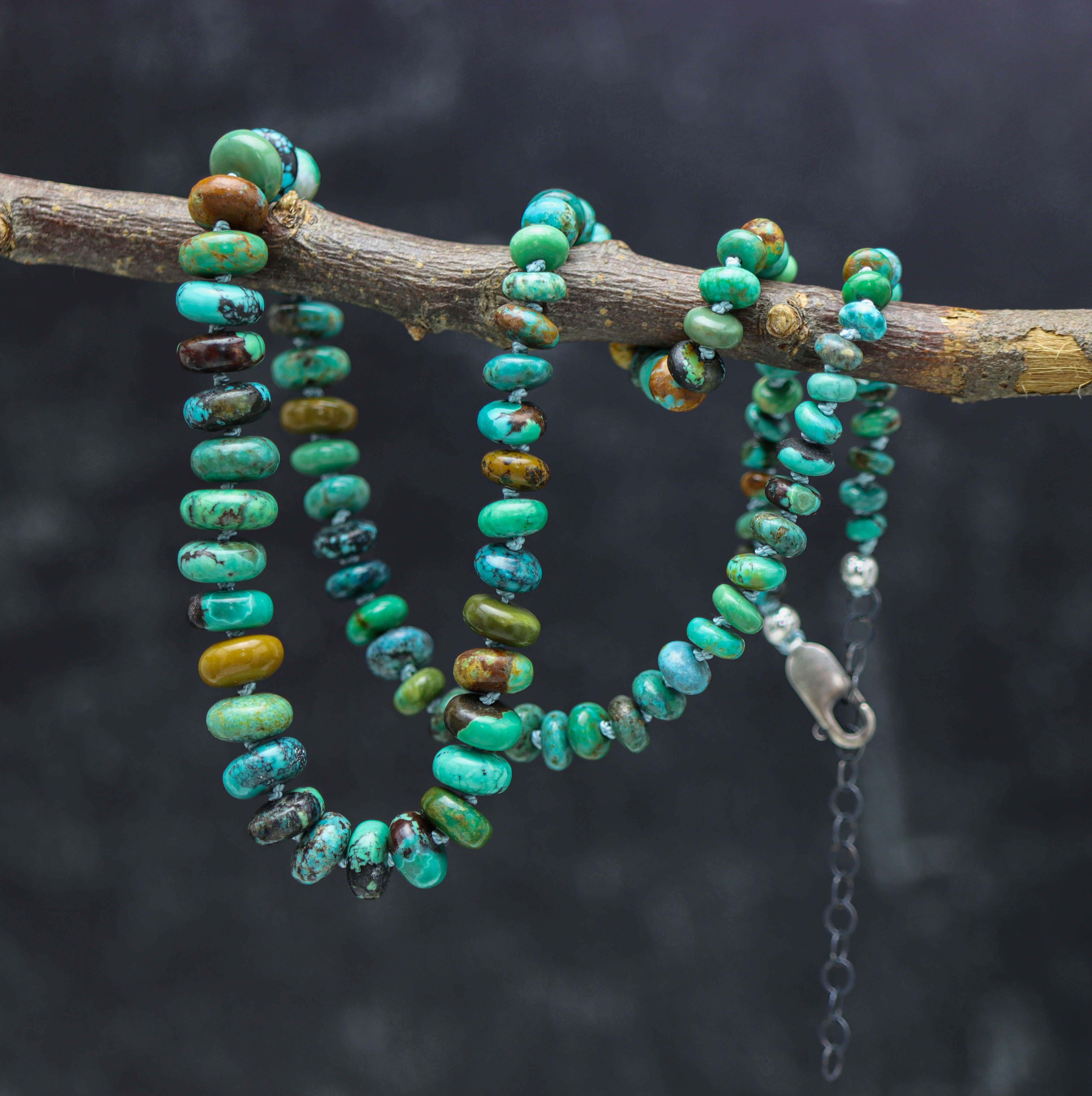 Turquoise Hand Knotted Bead Necklace Sterling Silver