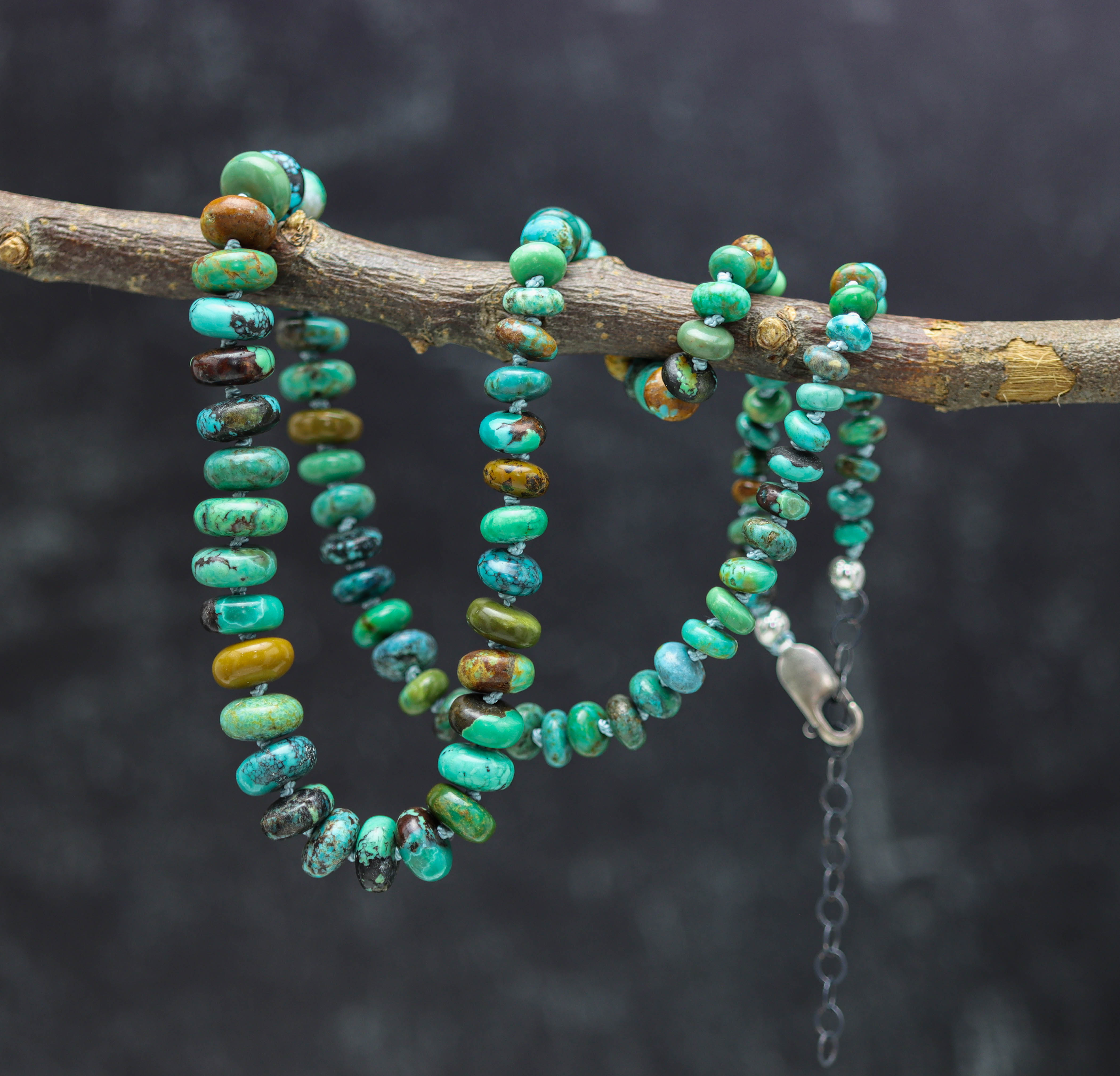 Turquoise Hand Knotted Bead Necklace Sterling Silver