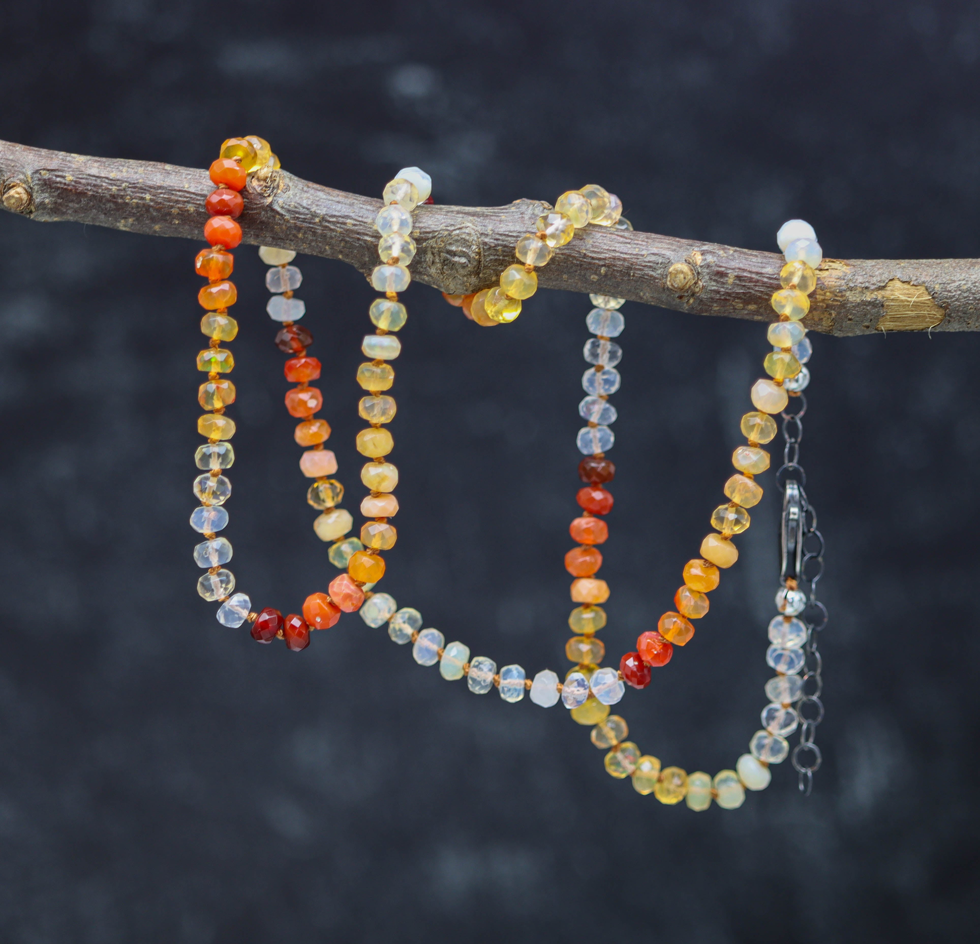 Mexican Fire Opal Hand Knotted Bead Necklace Sterling Silver