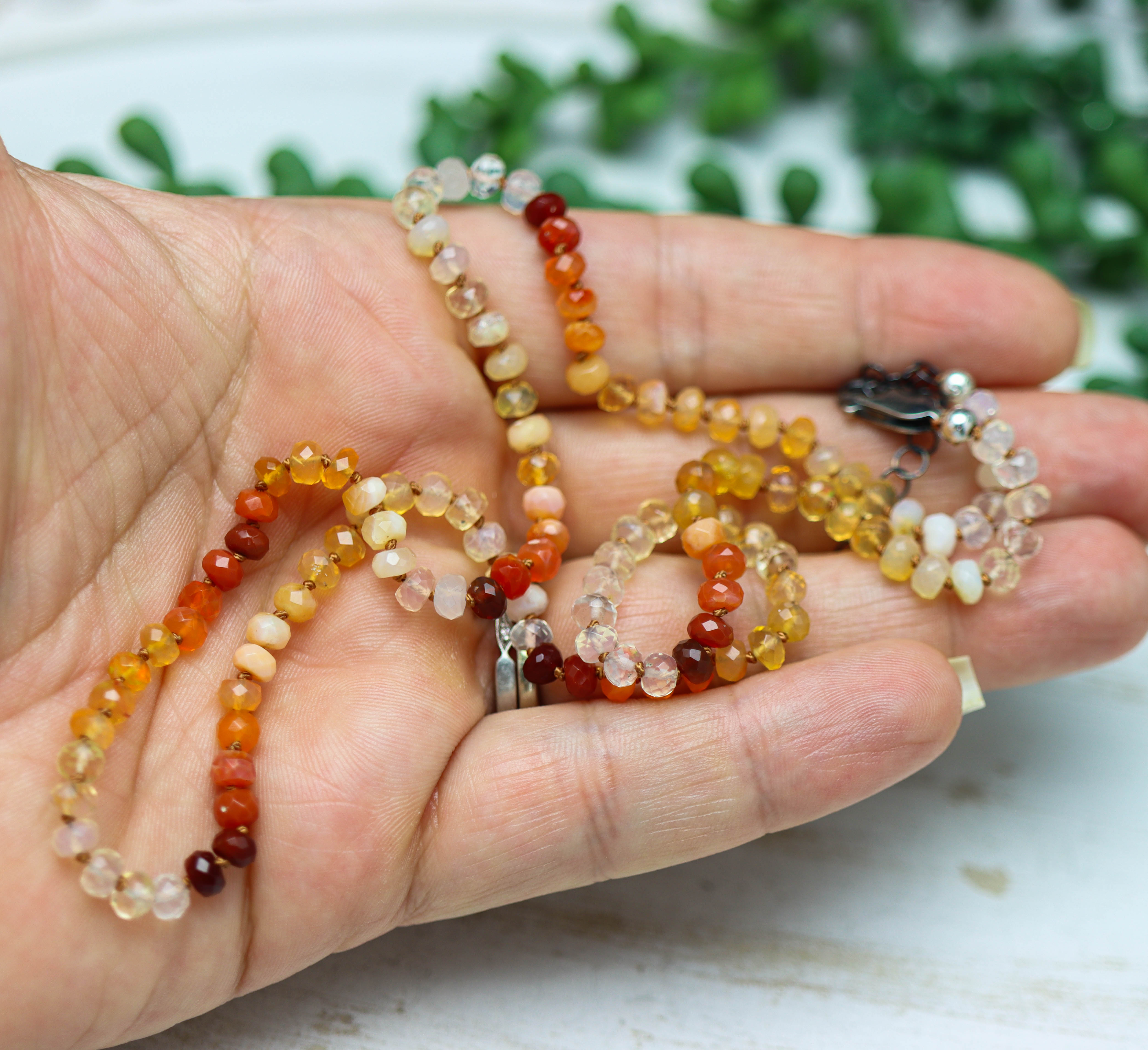 Mexican Fire Opal Hand Knotted Bead Necklace Sterling Silver