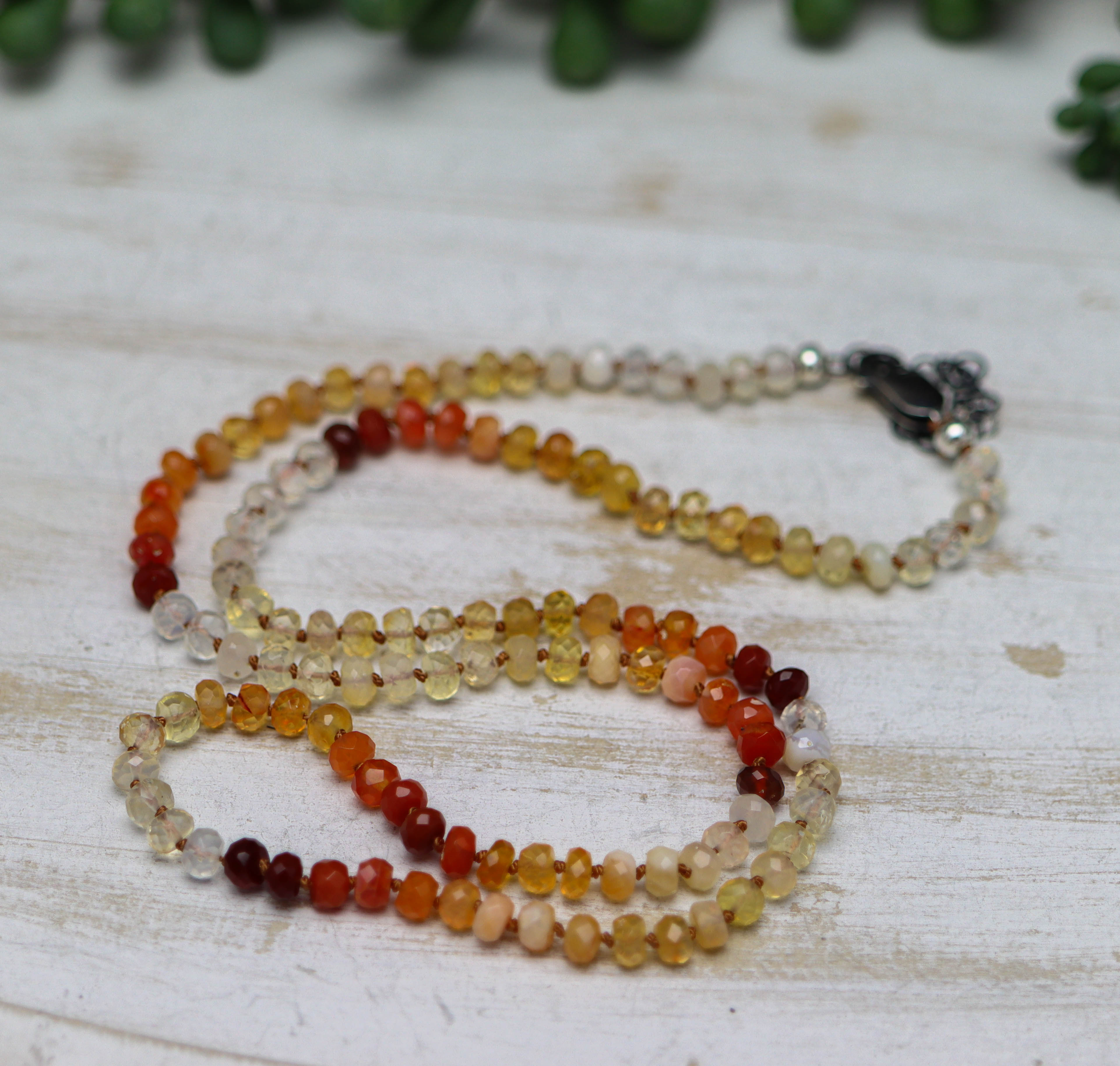 Mexican Fire Opal Hand Knotted Bead Necklace Sterling Silver