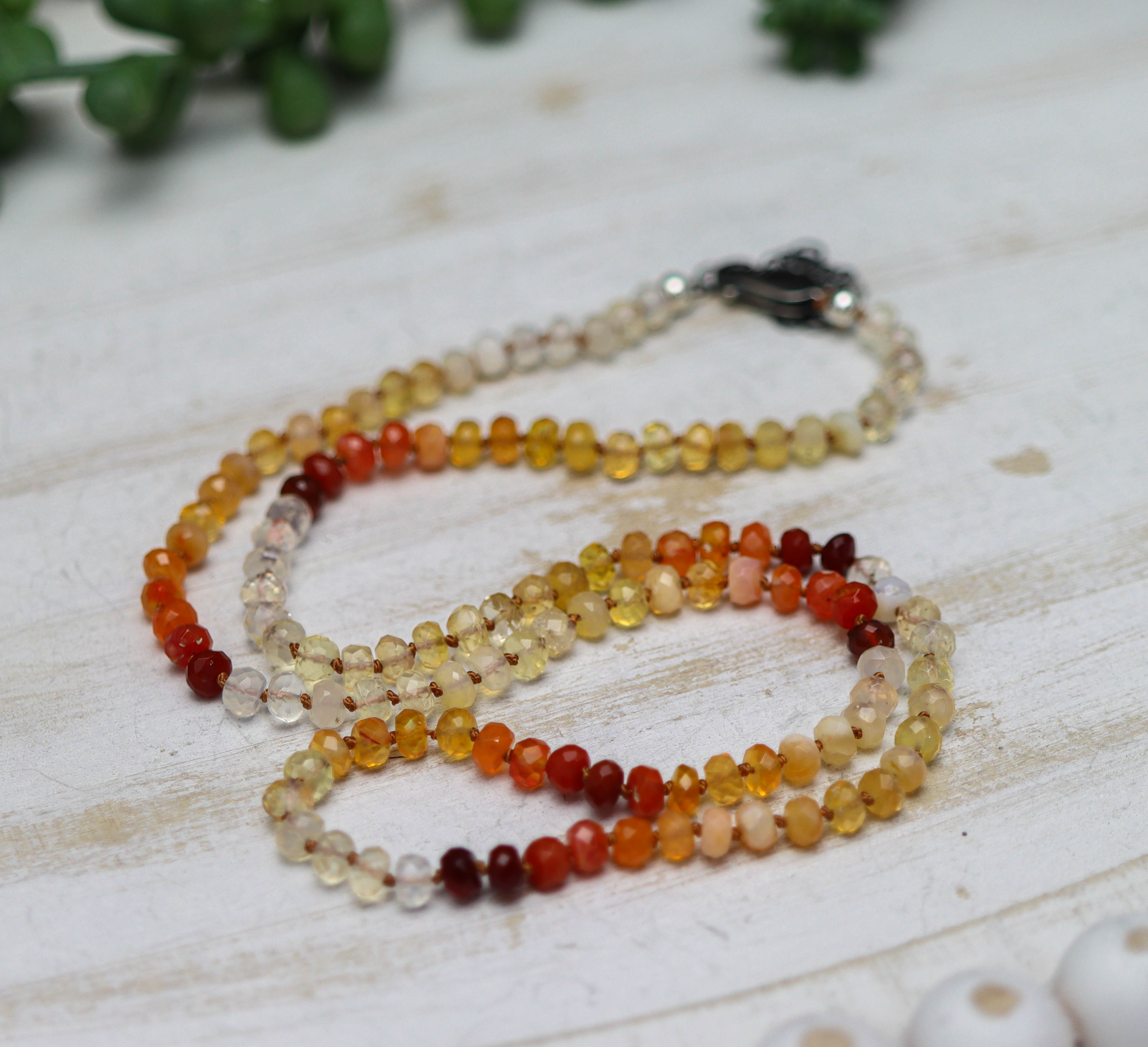 Mexican Fire Opal Hand Knotted Bead Necklace Sterling Silver