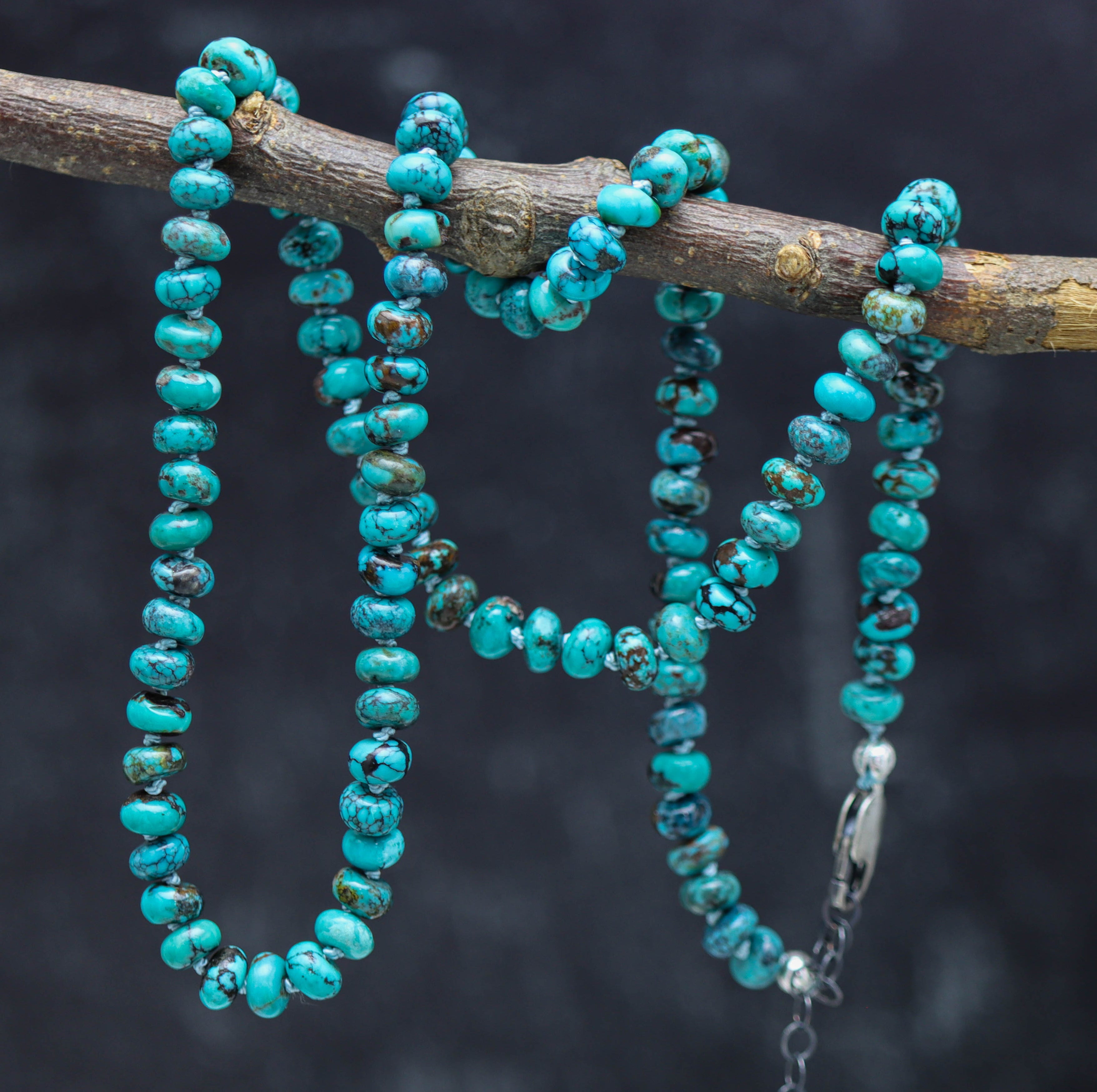 Turquoise Hand Knotted Bead Necklace Sterling Silver