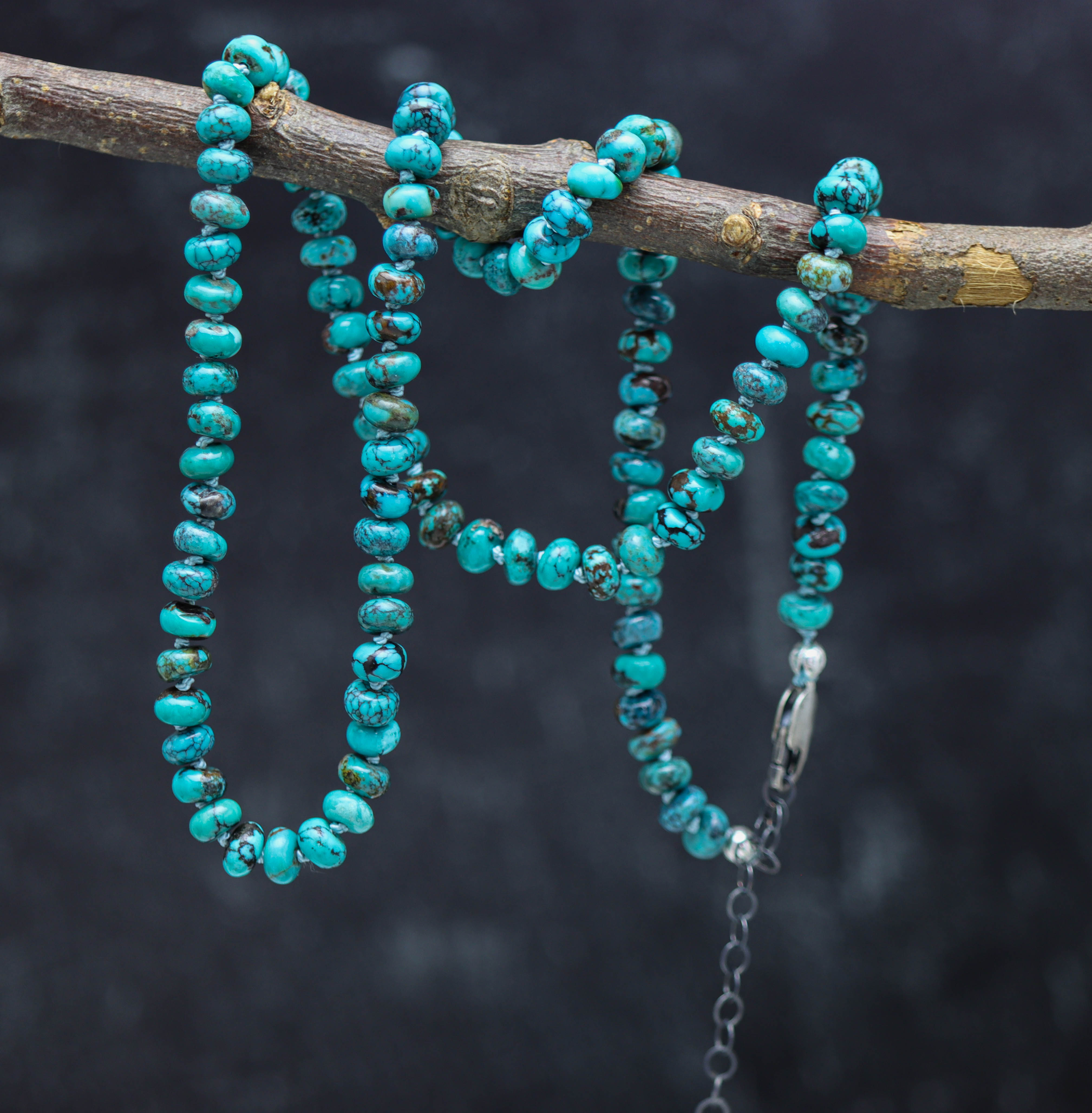 Turquoise Hand Knotted Bead Necklace Sterling Silver
