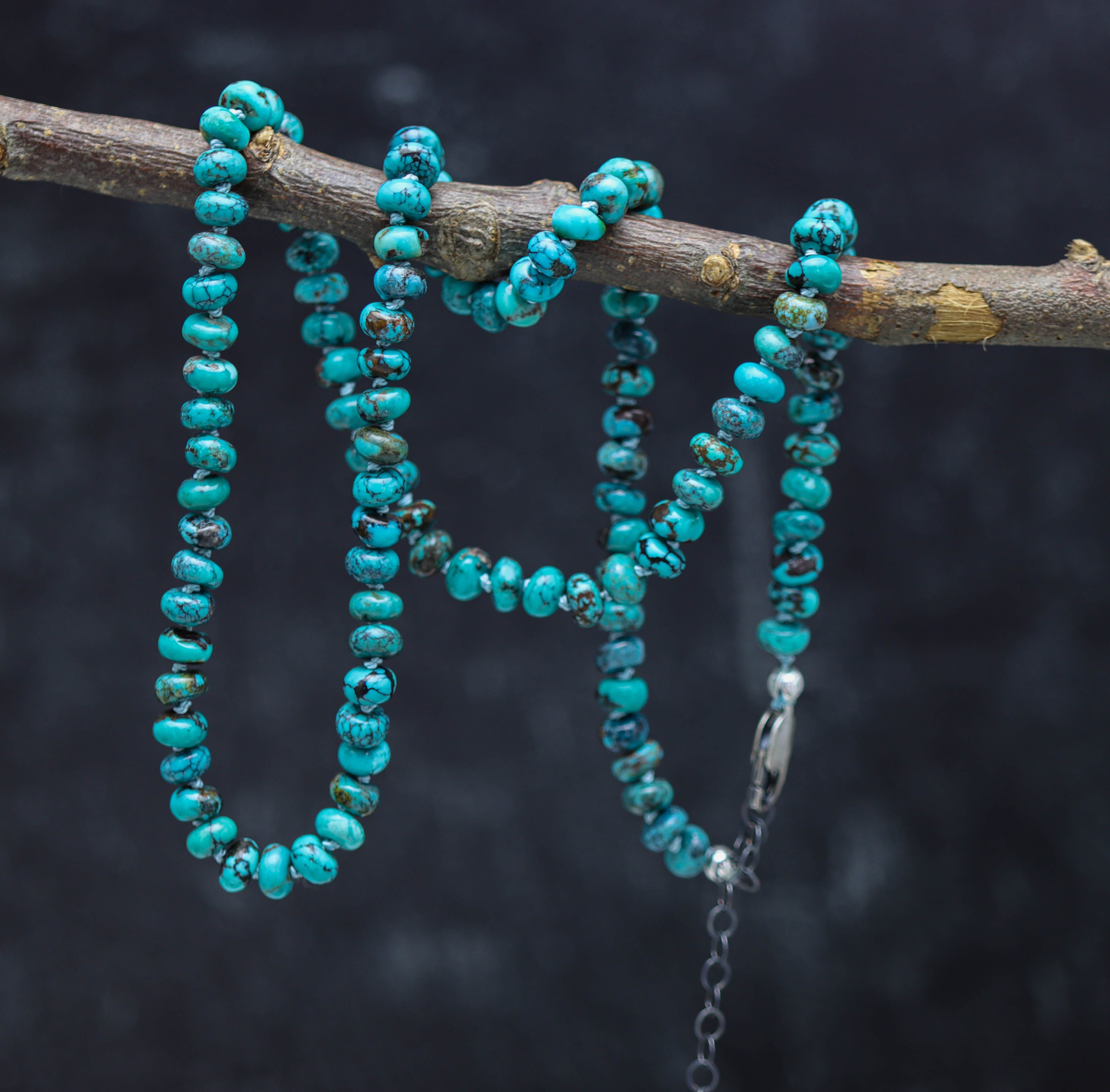 Turquoise Hand Knotted Bead Necklace Sterling Silver