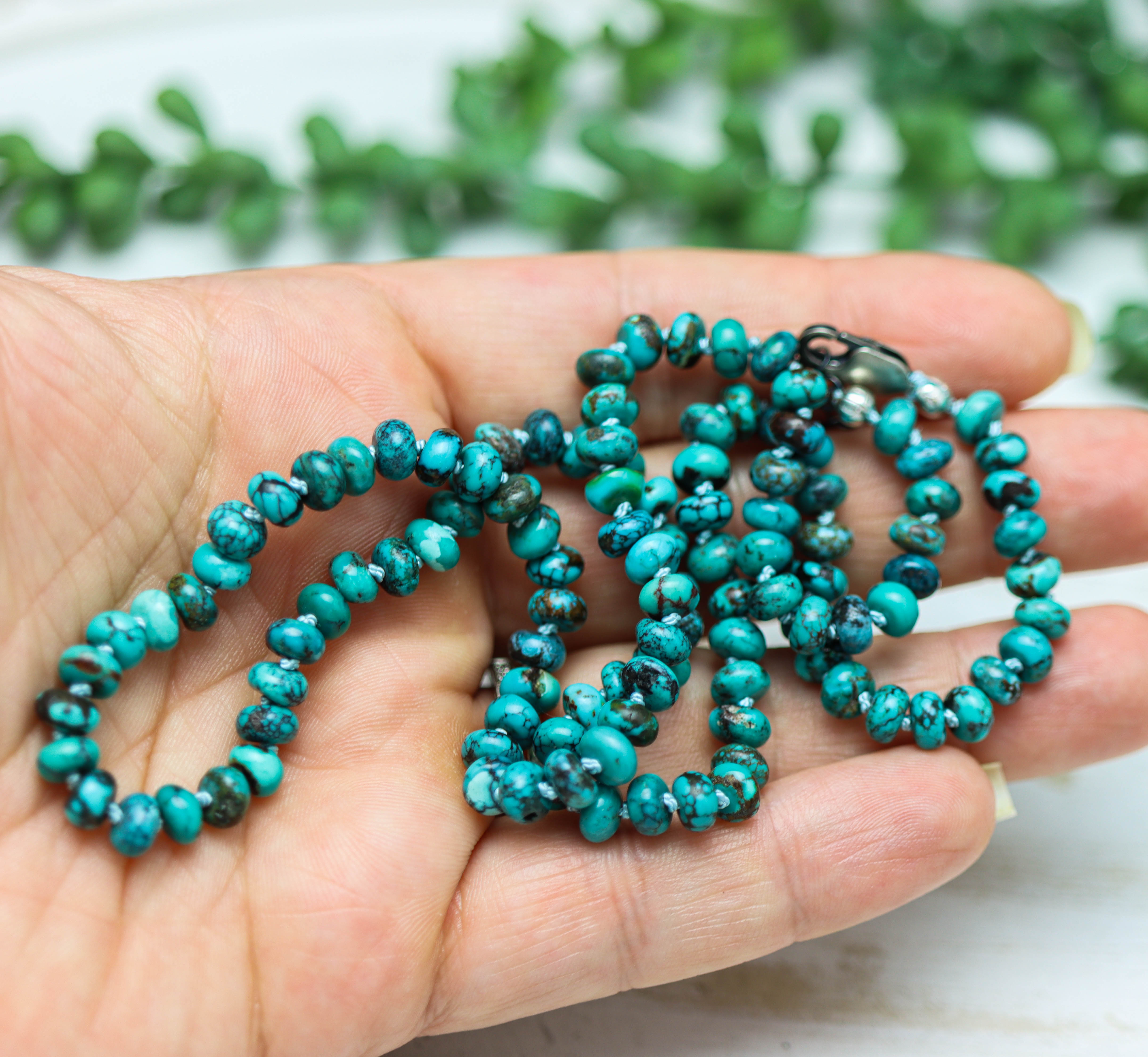 Turquoise Hand Knotted Bead Necklace Sterling Silver