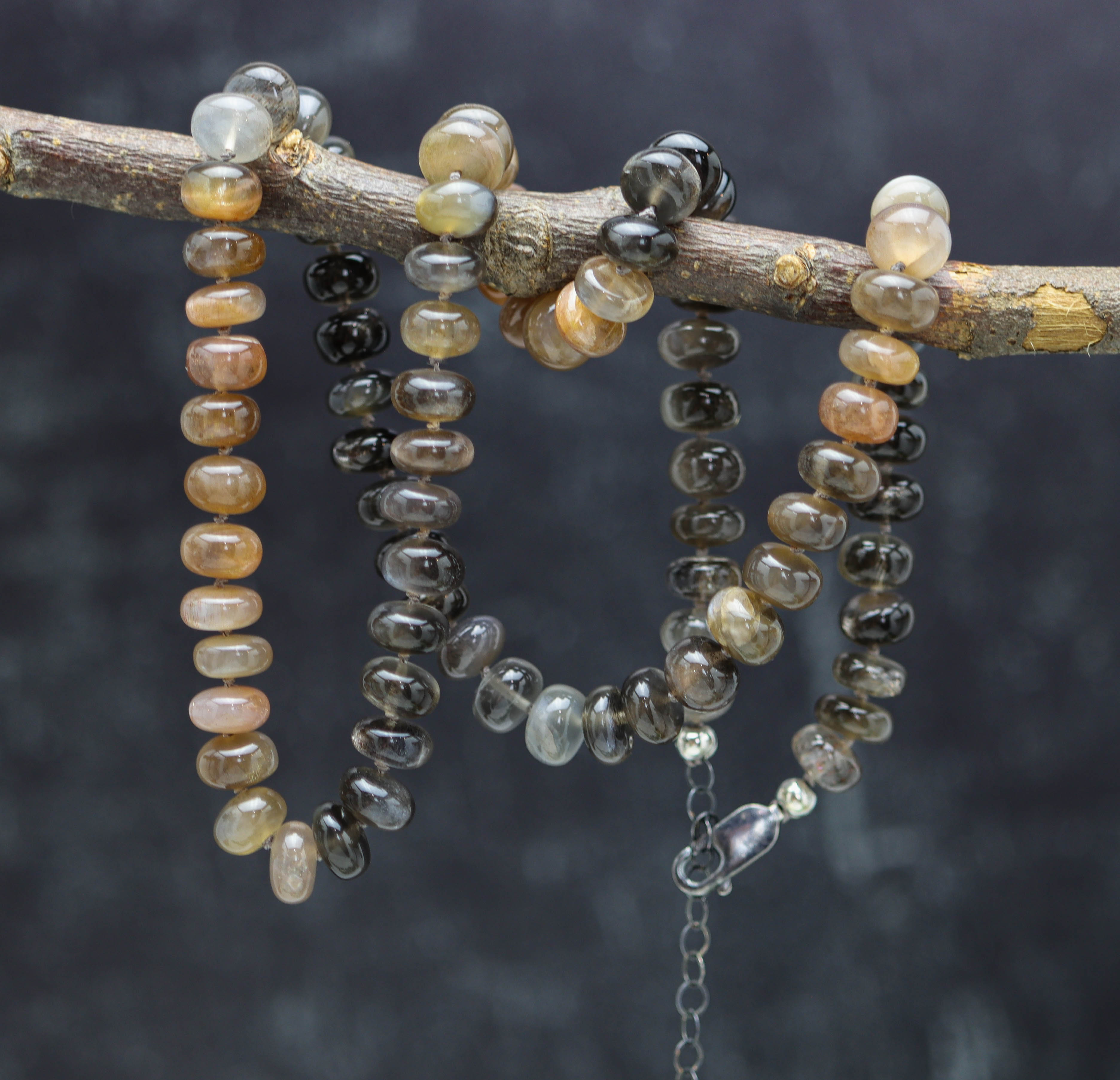 Australian Moonstone Hand Knotted Bead Necklace Sterling Silver