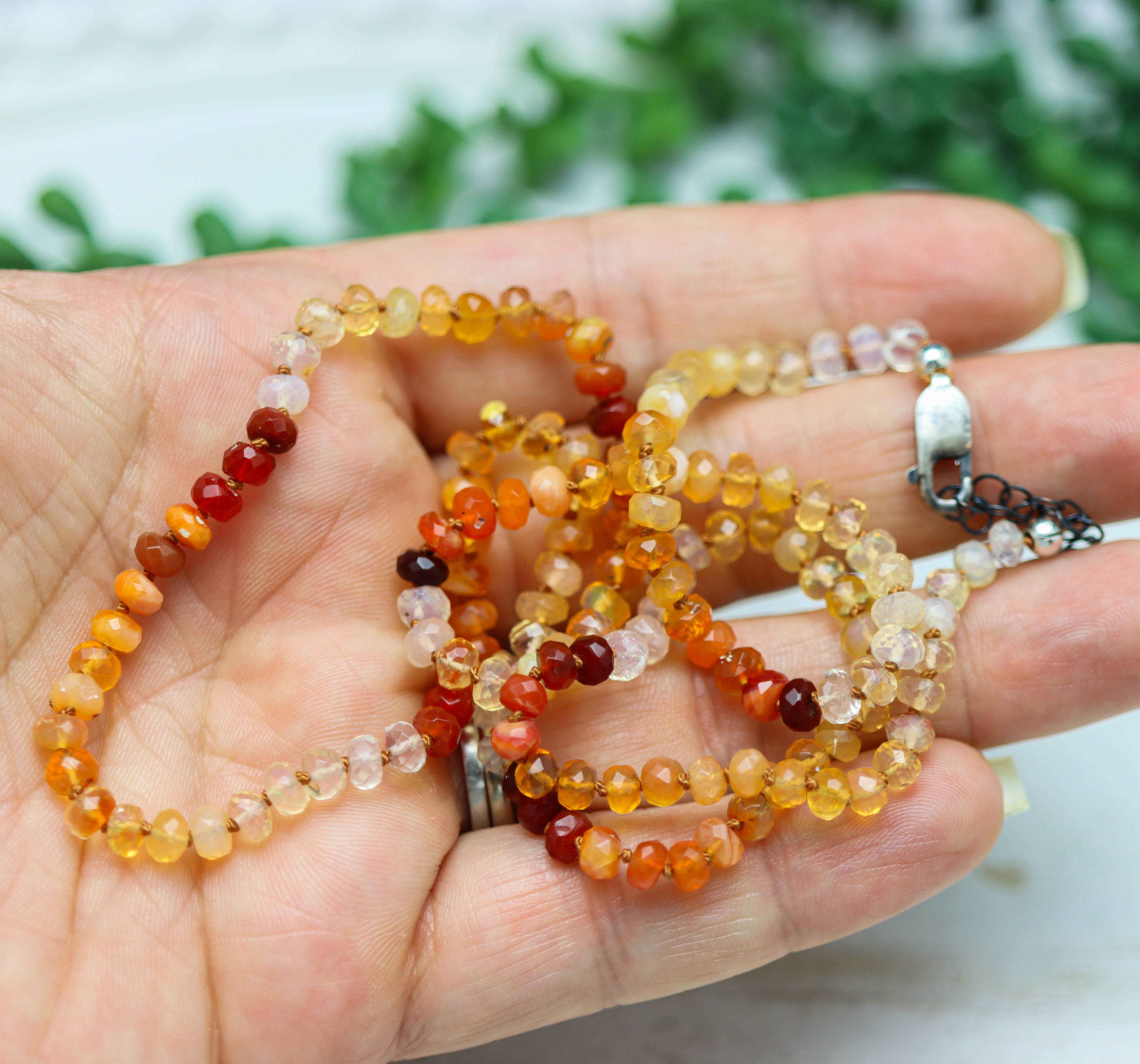 Mexican Fire Opal Hand Knotted Bead Necklace Sterling Silver