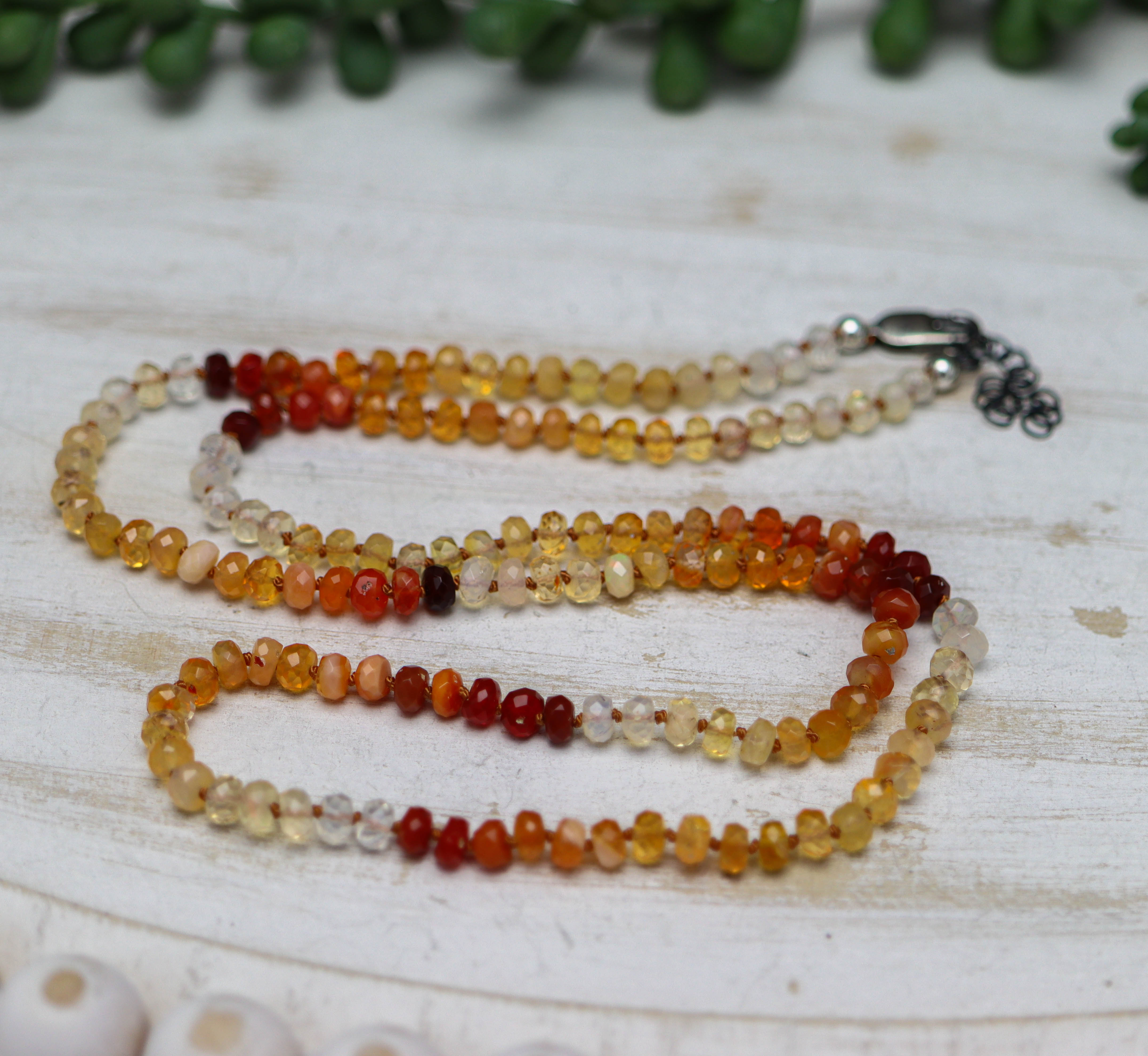 Mexican Fire Opal Hand Knotted Bead Necklace Sterling Silver