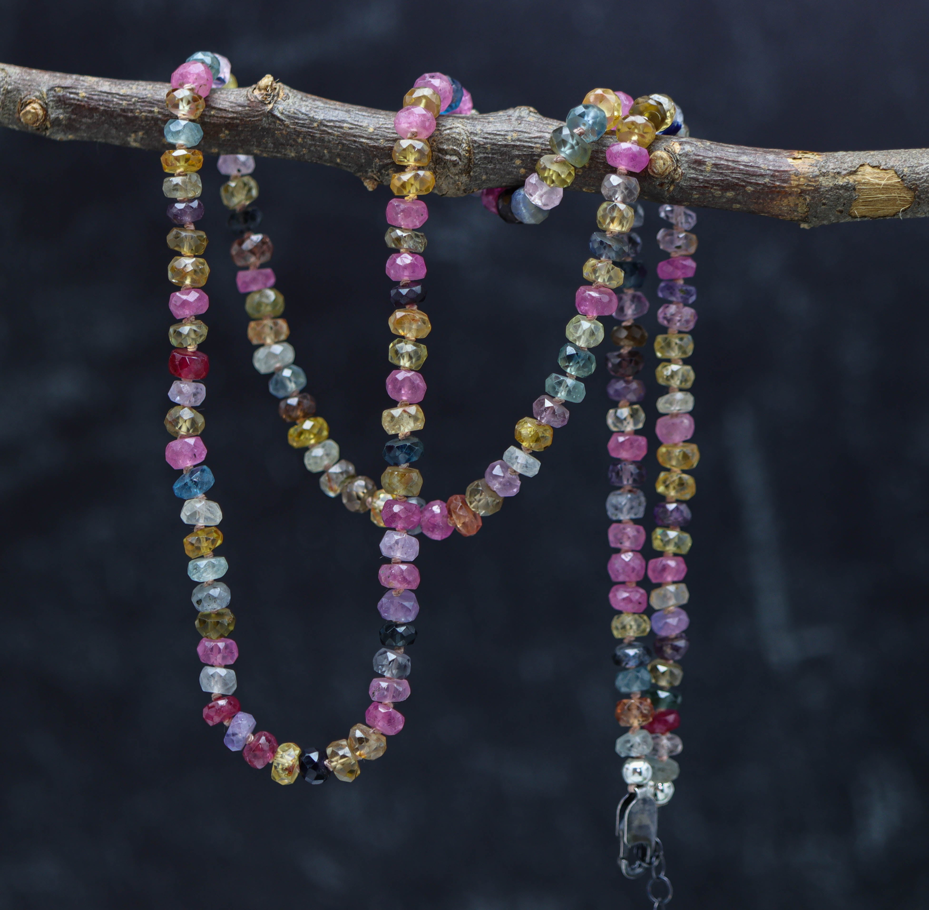 Multi Colored Sapphire Hand Knotted Bead Necklace Sterling Silver 24 inch