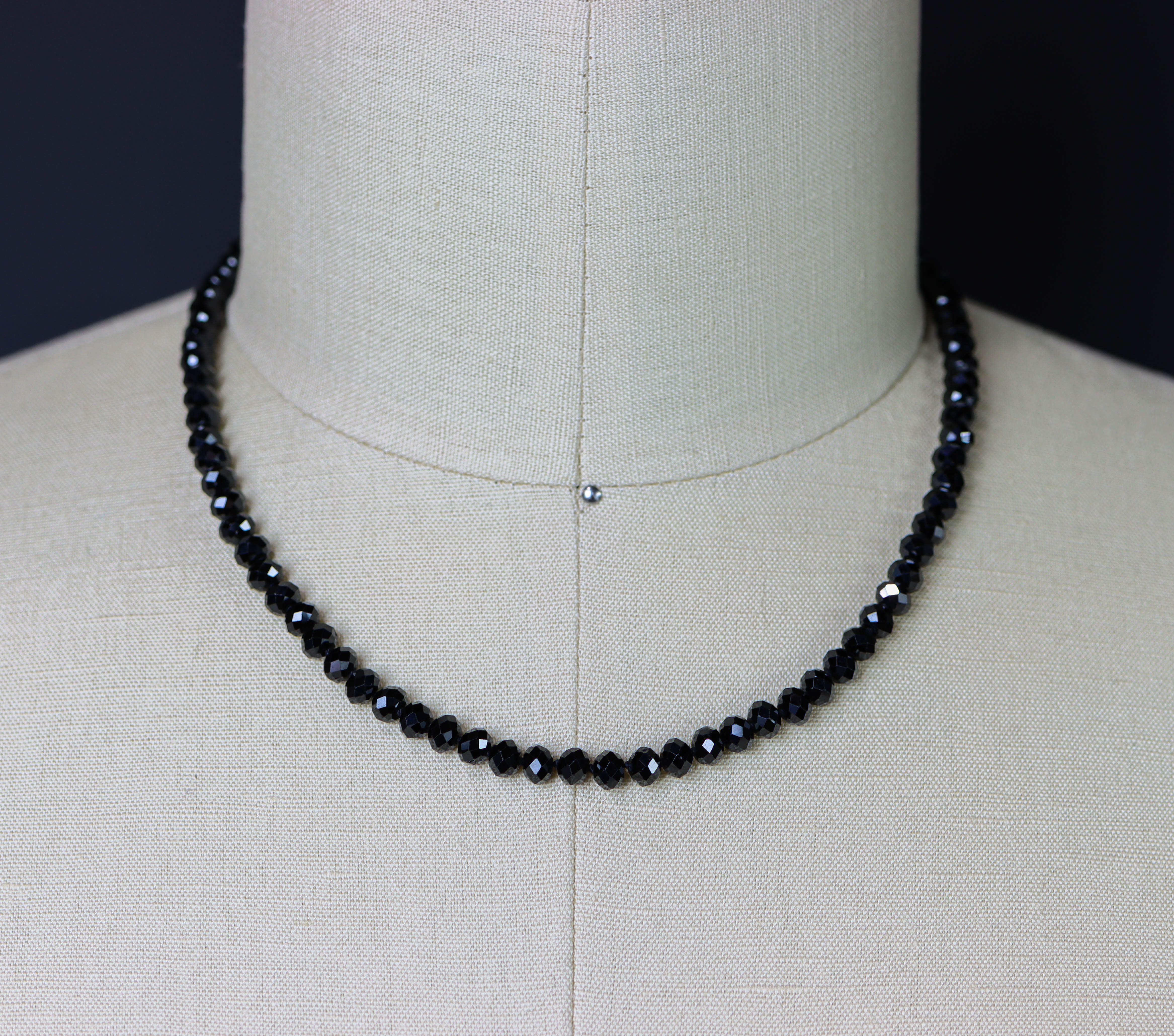 Sparkly Black Spinel Hand Knotted Bead Necklace Sterling Silver 18 inch