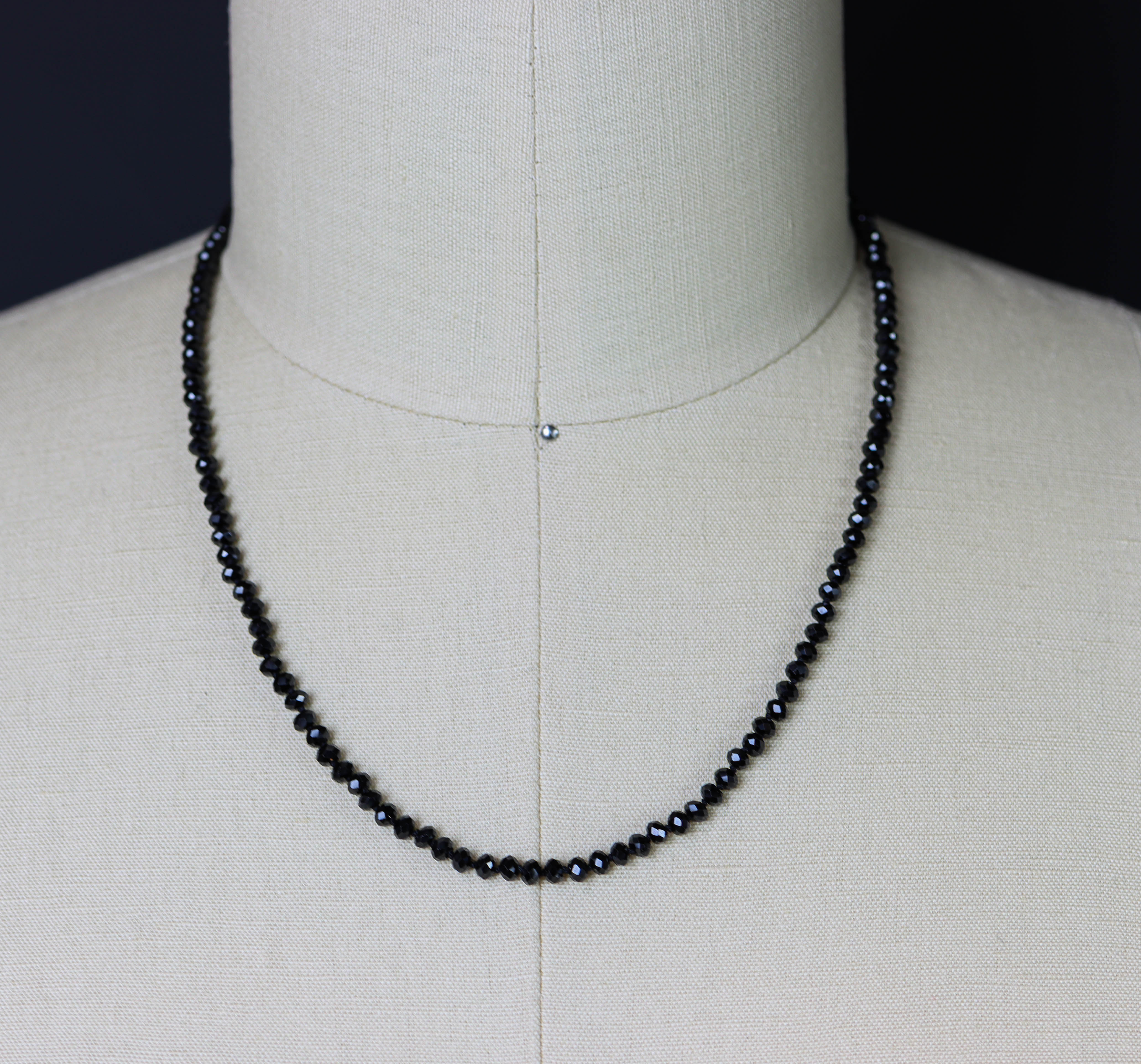 Sparkly Black Spinel Hand Knotted Bead Necklace Sterling Silver 21 Inch