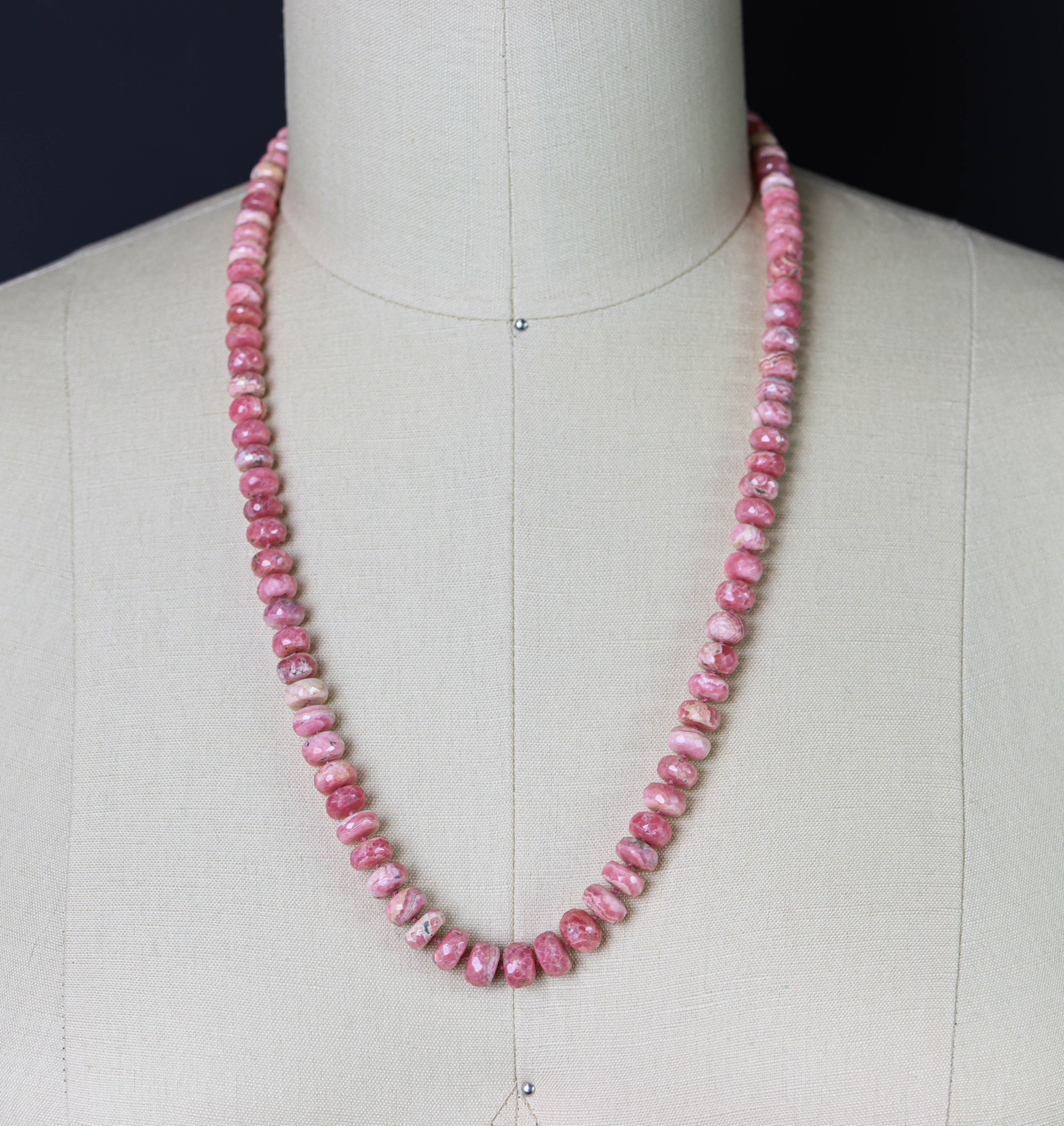 Pink Rhodochrosite Hand Knotted Bead Necklace Sterling Silver
