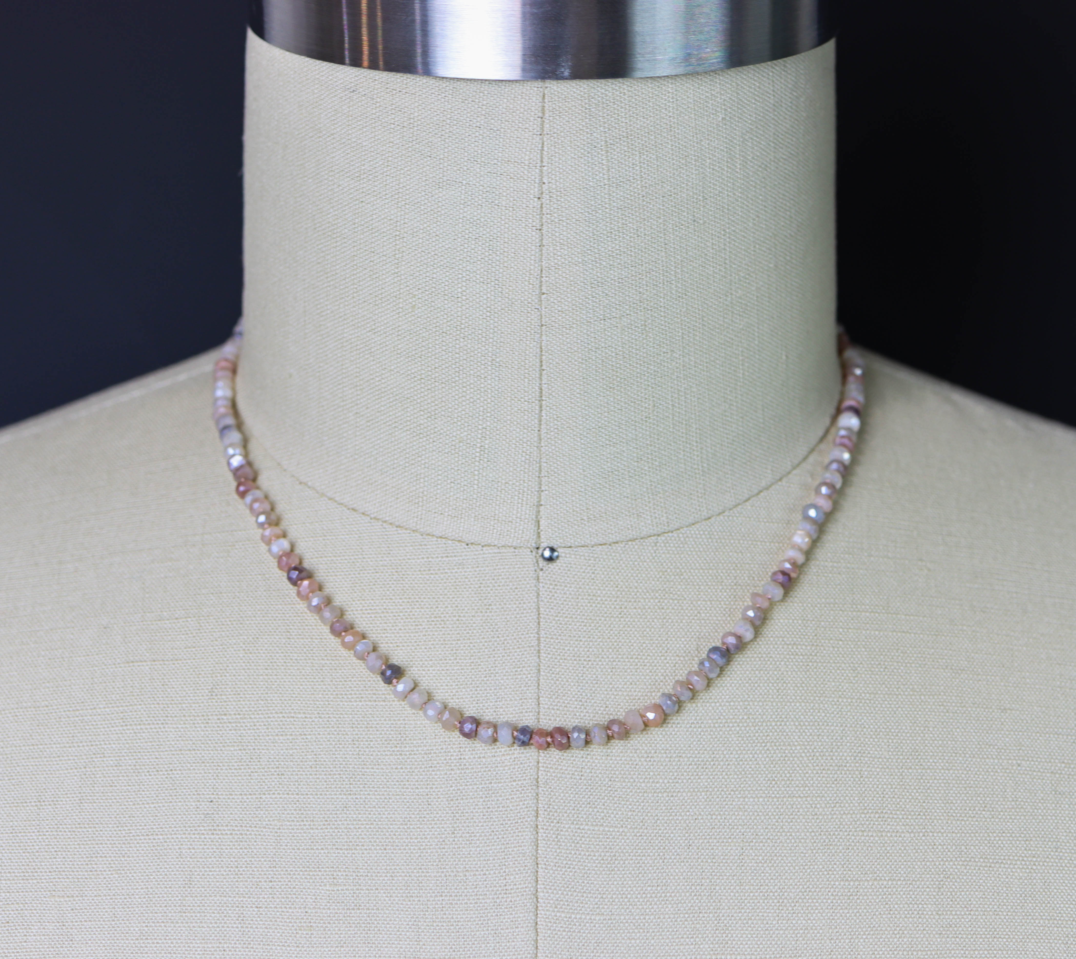 Silverite Moonstone Hand Knotted Bead Necklace Sterling Silver