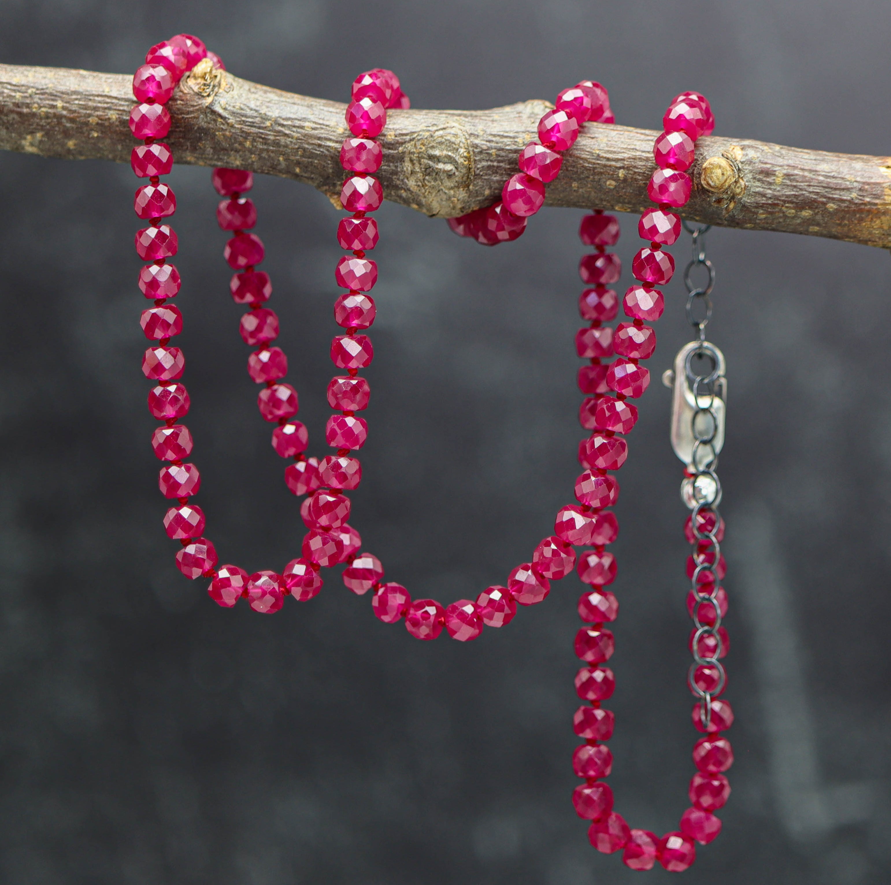 Red Ruby Hand Knotted Bead Necklace Sterling Silver
