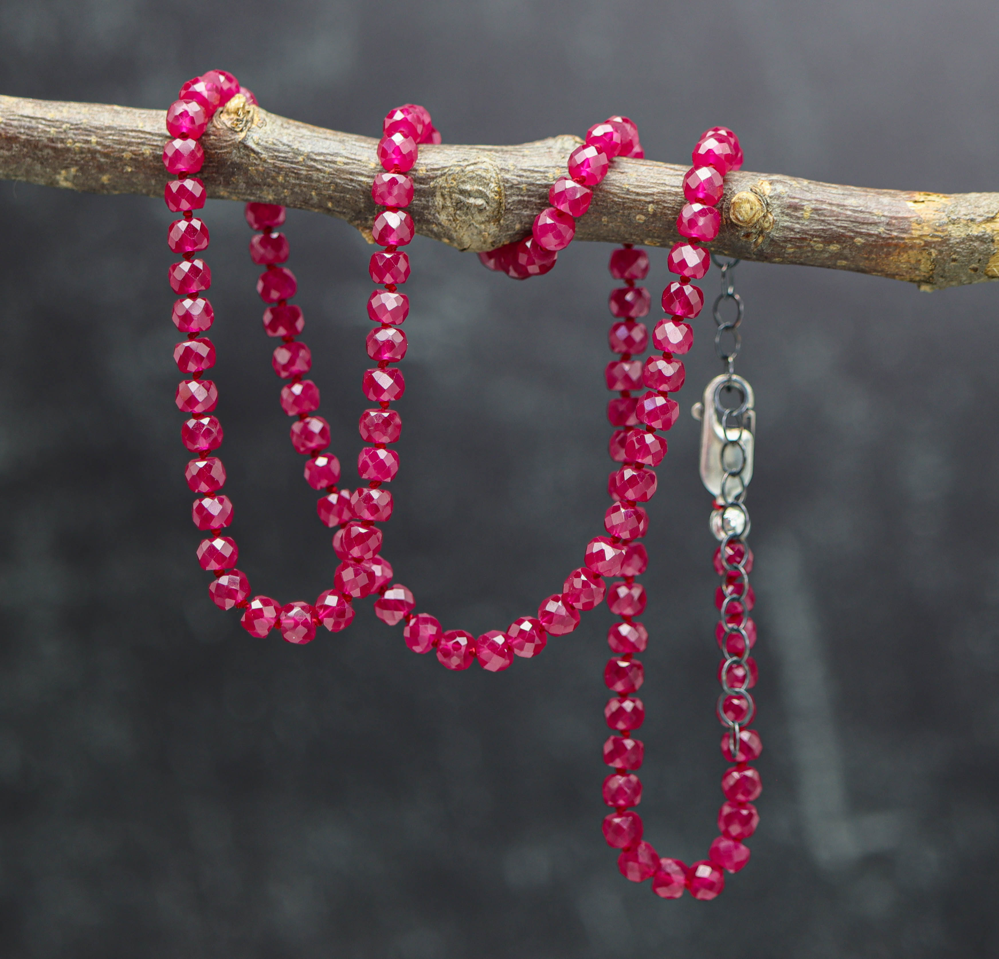 Red Ruby Hand Knotted Bead Necklace Sterling Silver