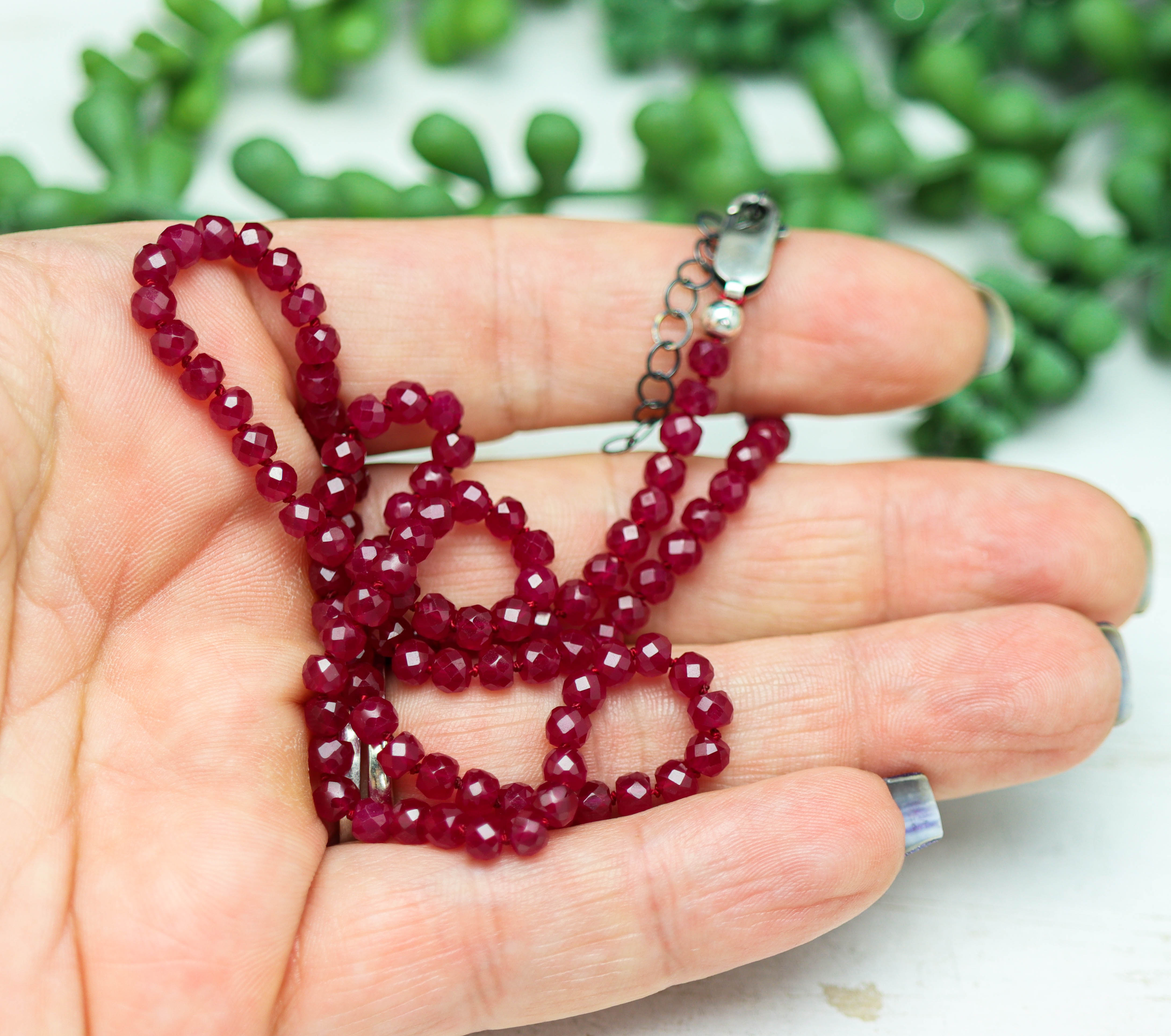 Red Ruby Hand Knotted Bead Necklace Sterling Silver