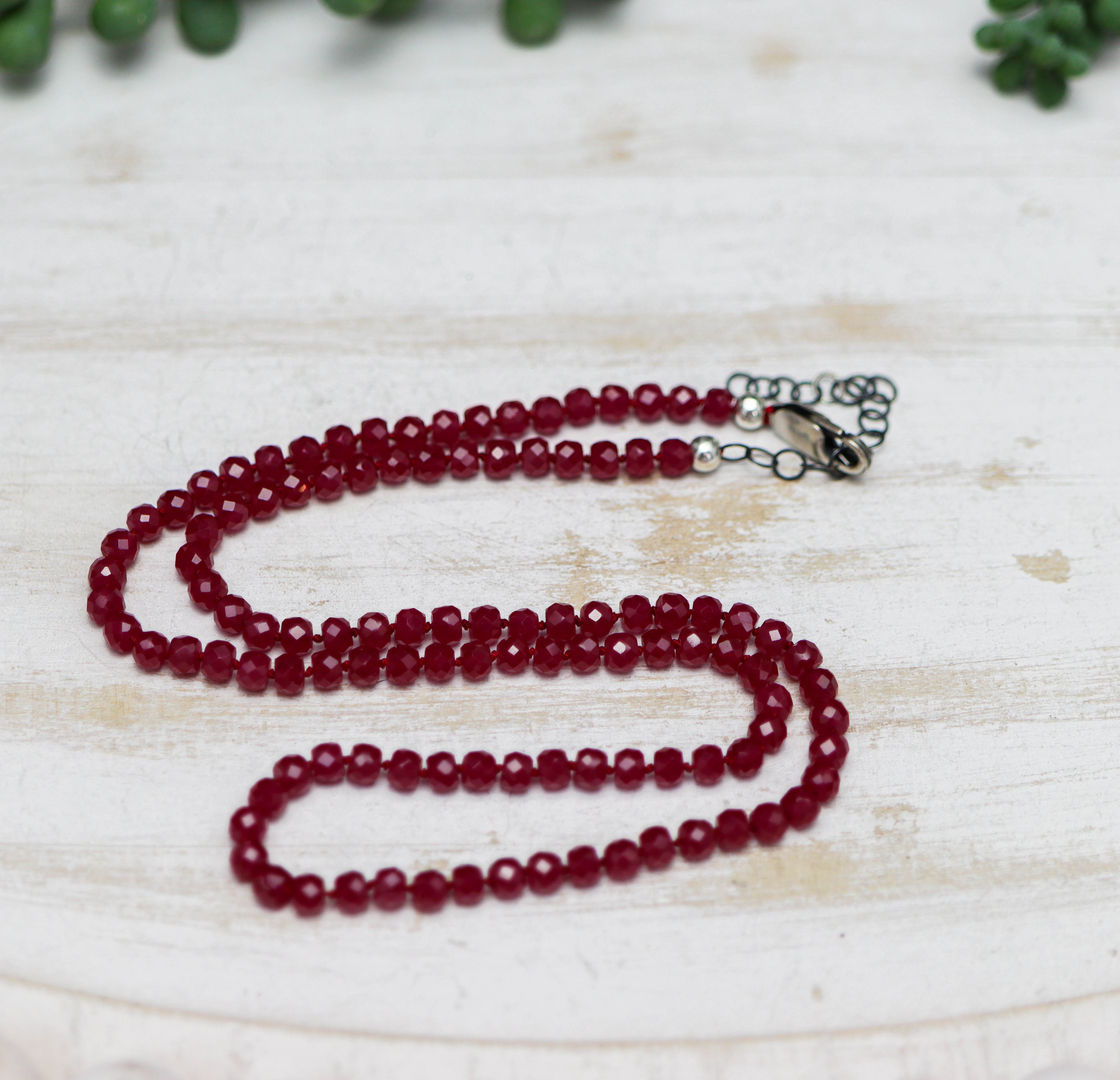 Red Ruby Hand Knotted Bead Necklace Sterling Silver