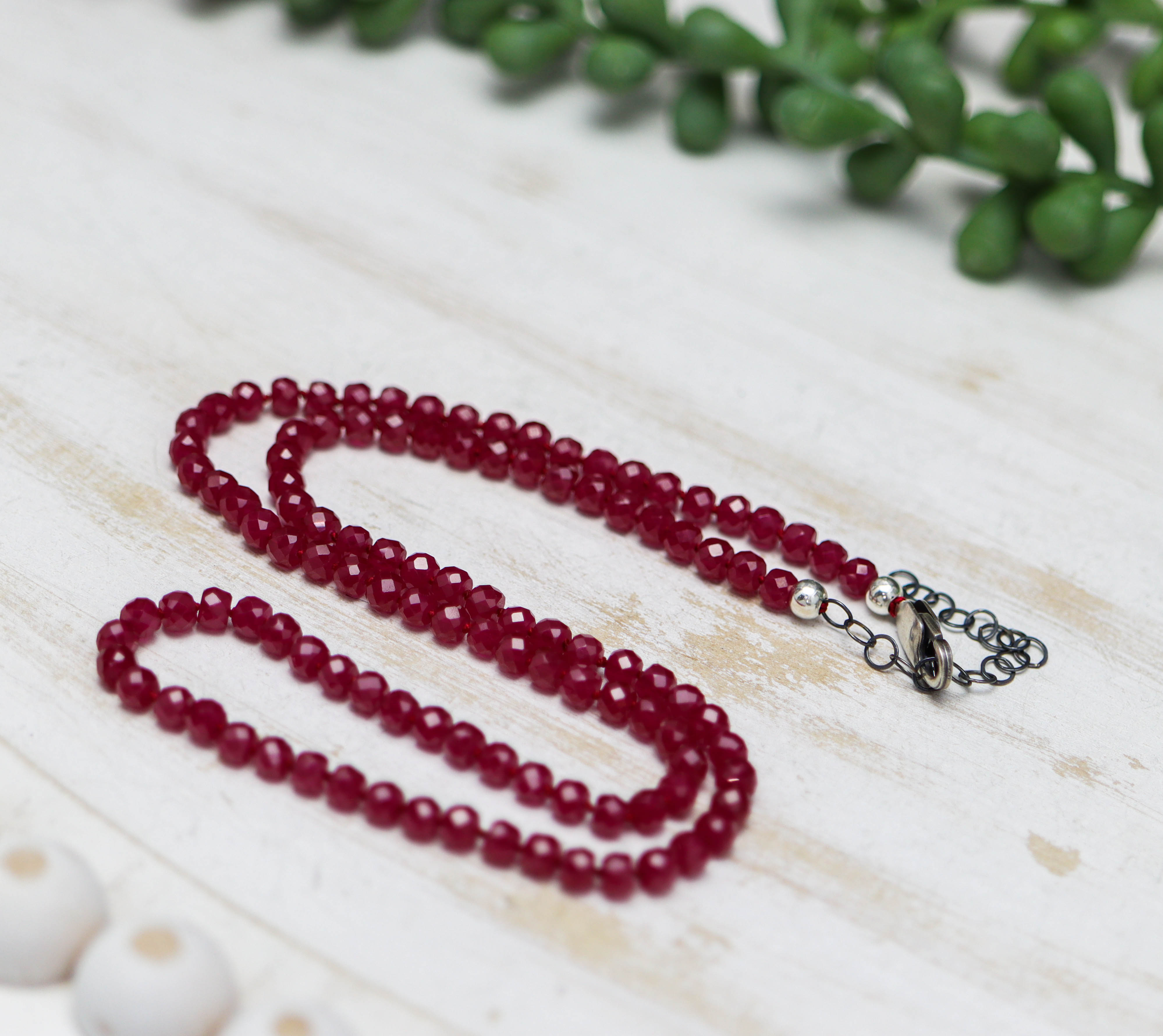 Red Ruby Hand Knotted Bead Necklace Sterling Silver