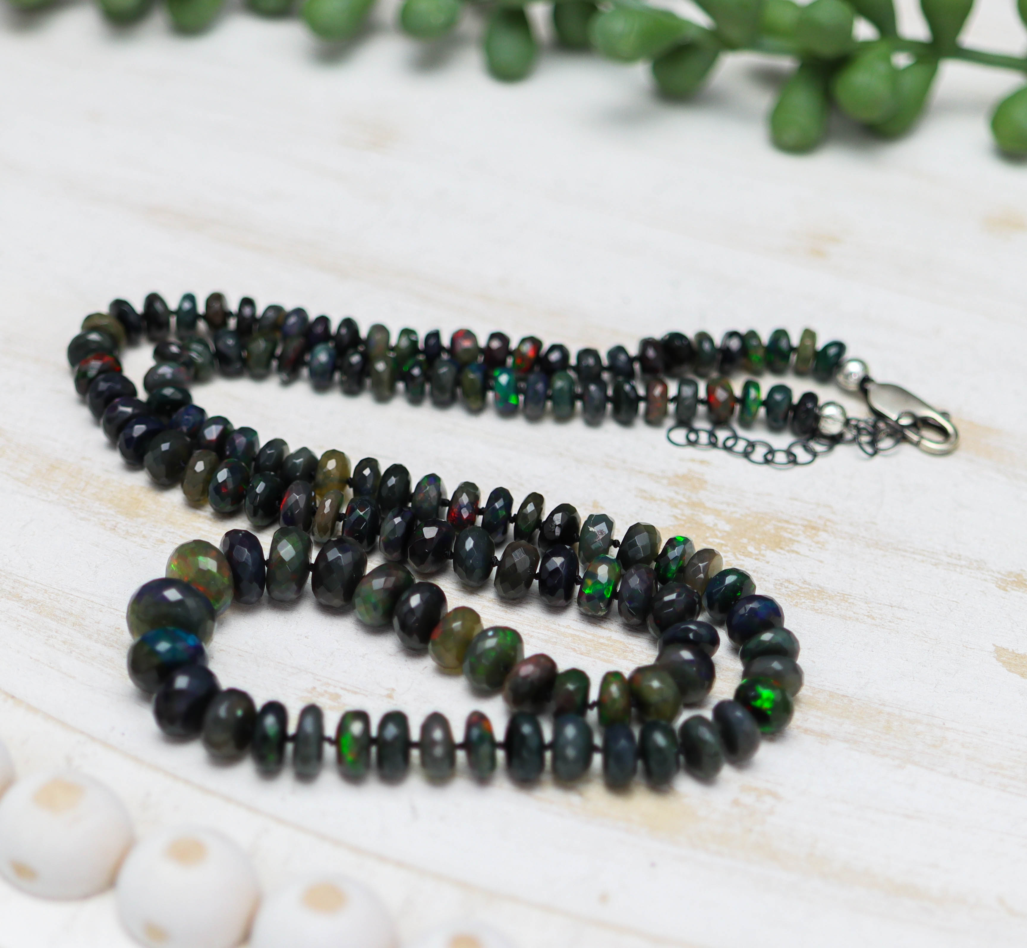 Black Opal Hand Knotted Bead Necklace Sterling Silver