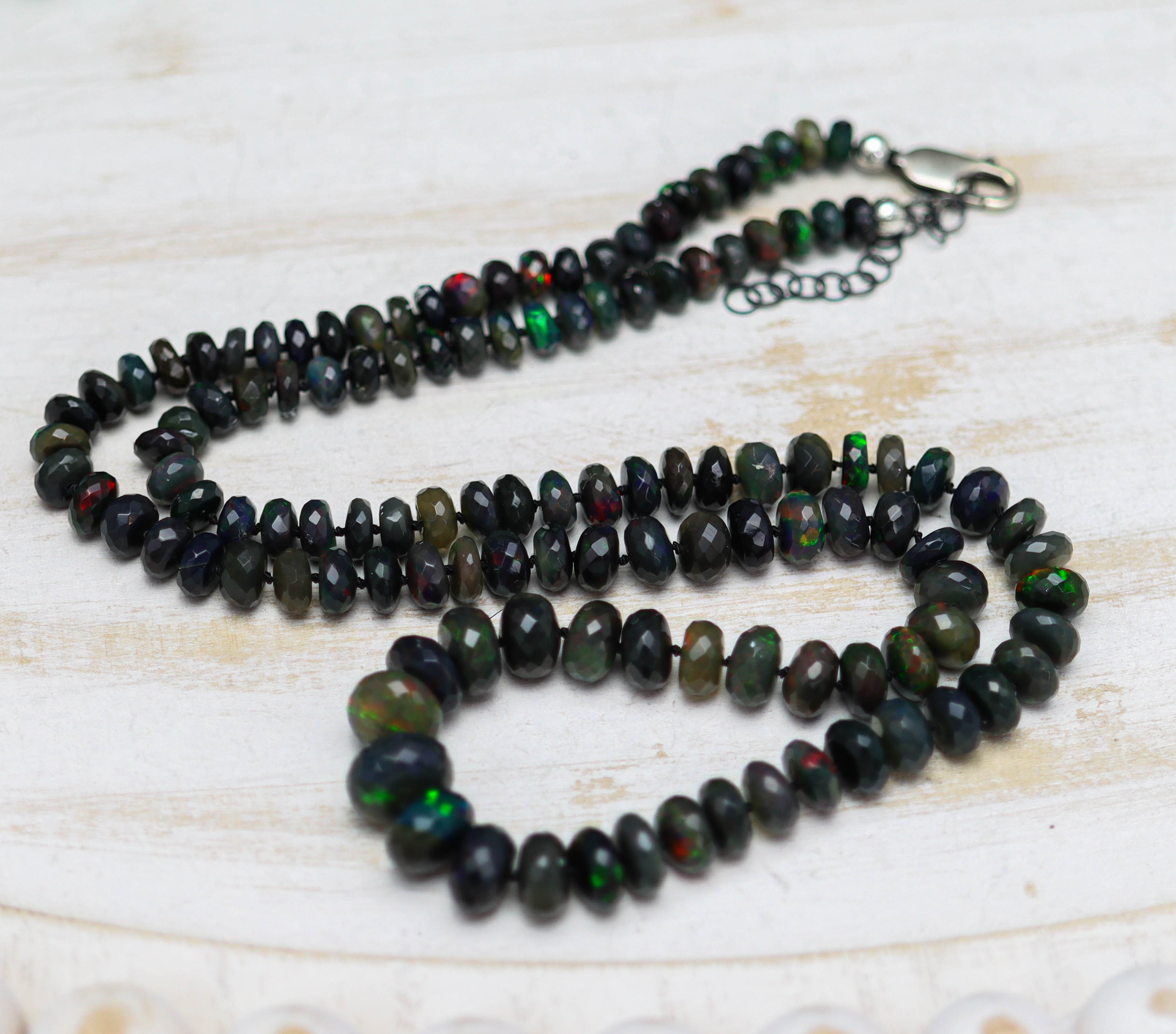 Black Opal Hand Knotted Bead Necklace Sterling Silver