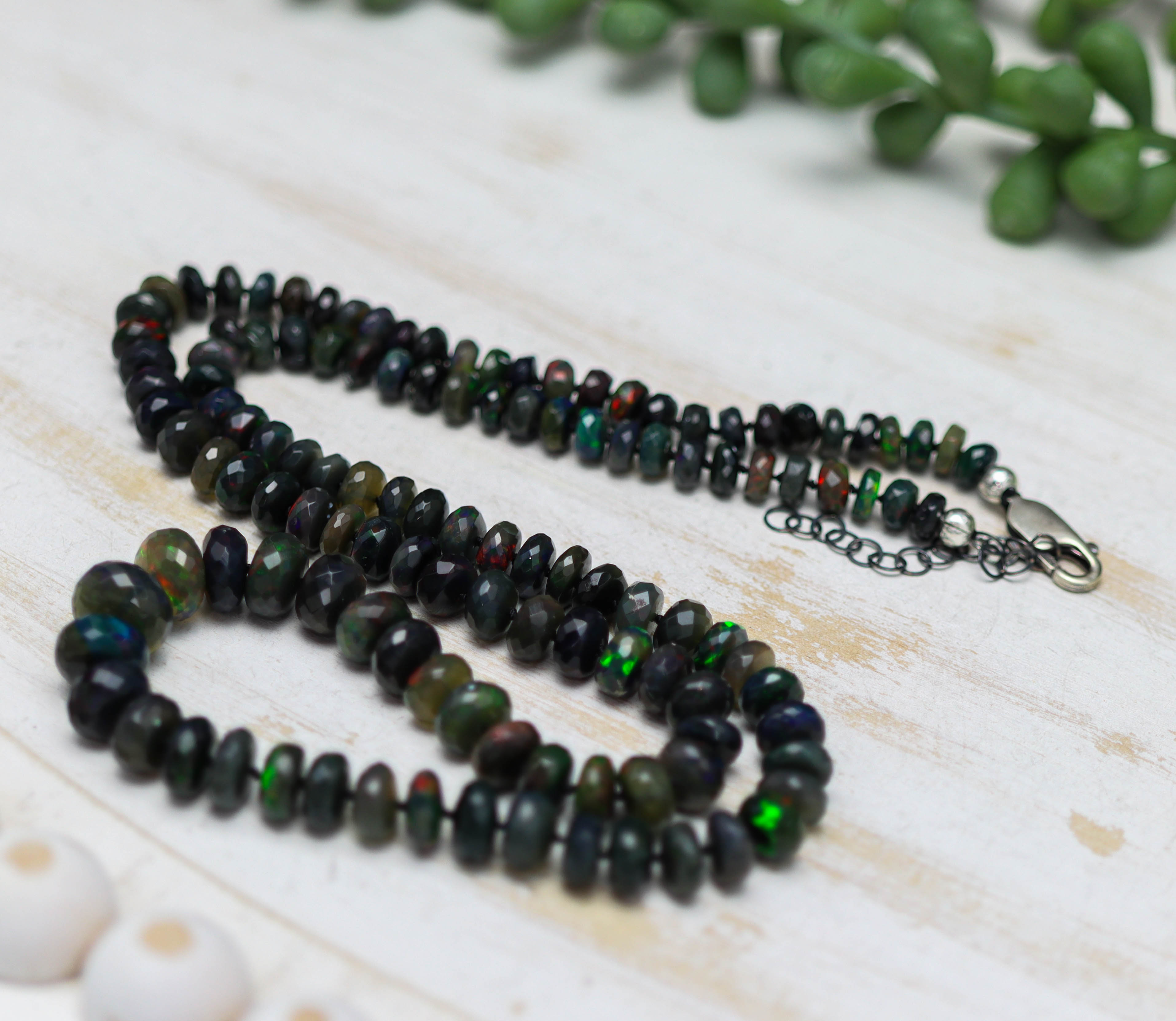 Black Opal Hand Knotted Bead Necklace Sterling Silver