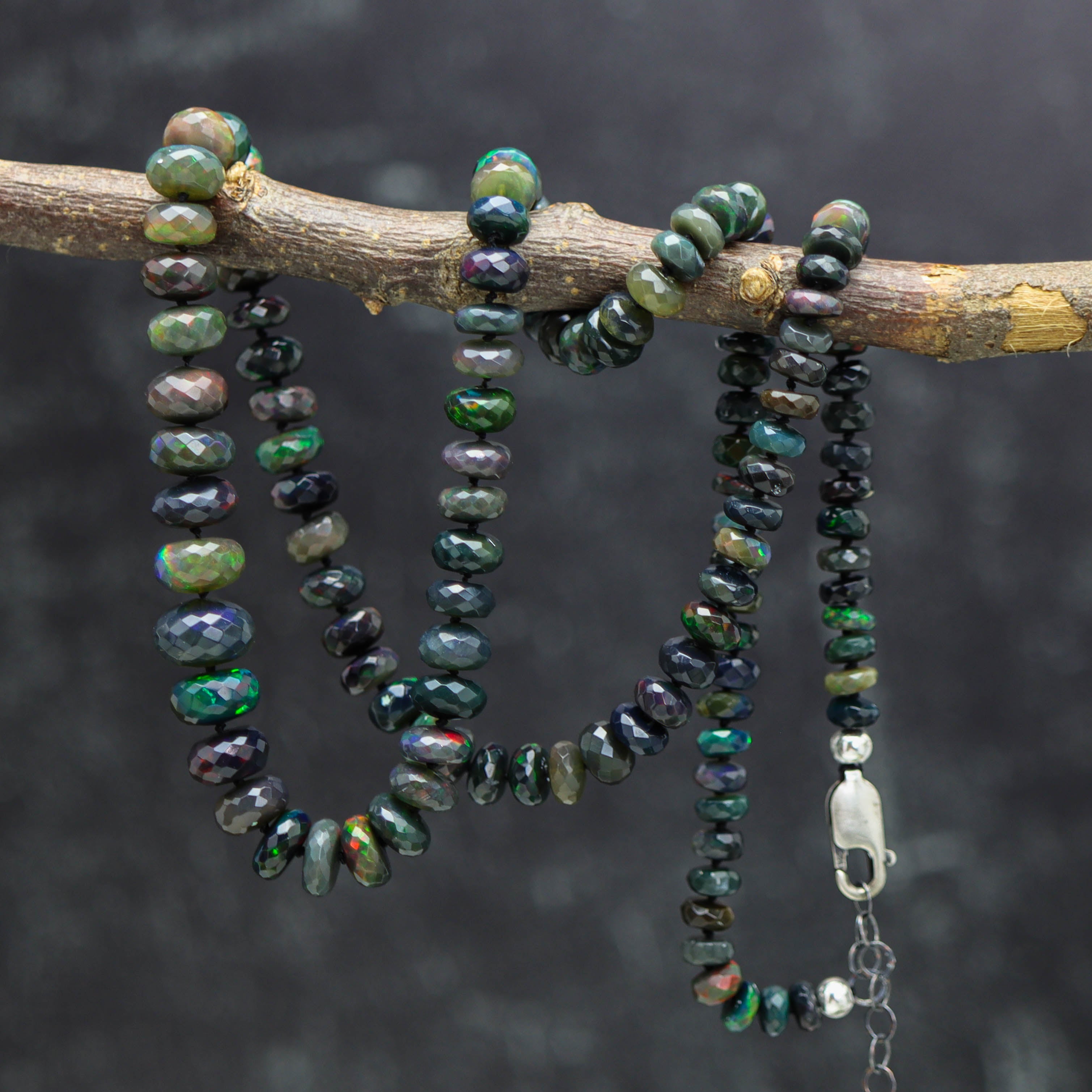 Black Opal Hand Knotted Bead Necklace Sterling Silver