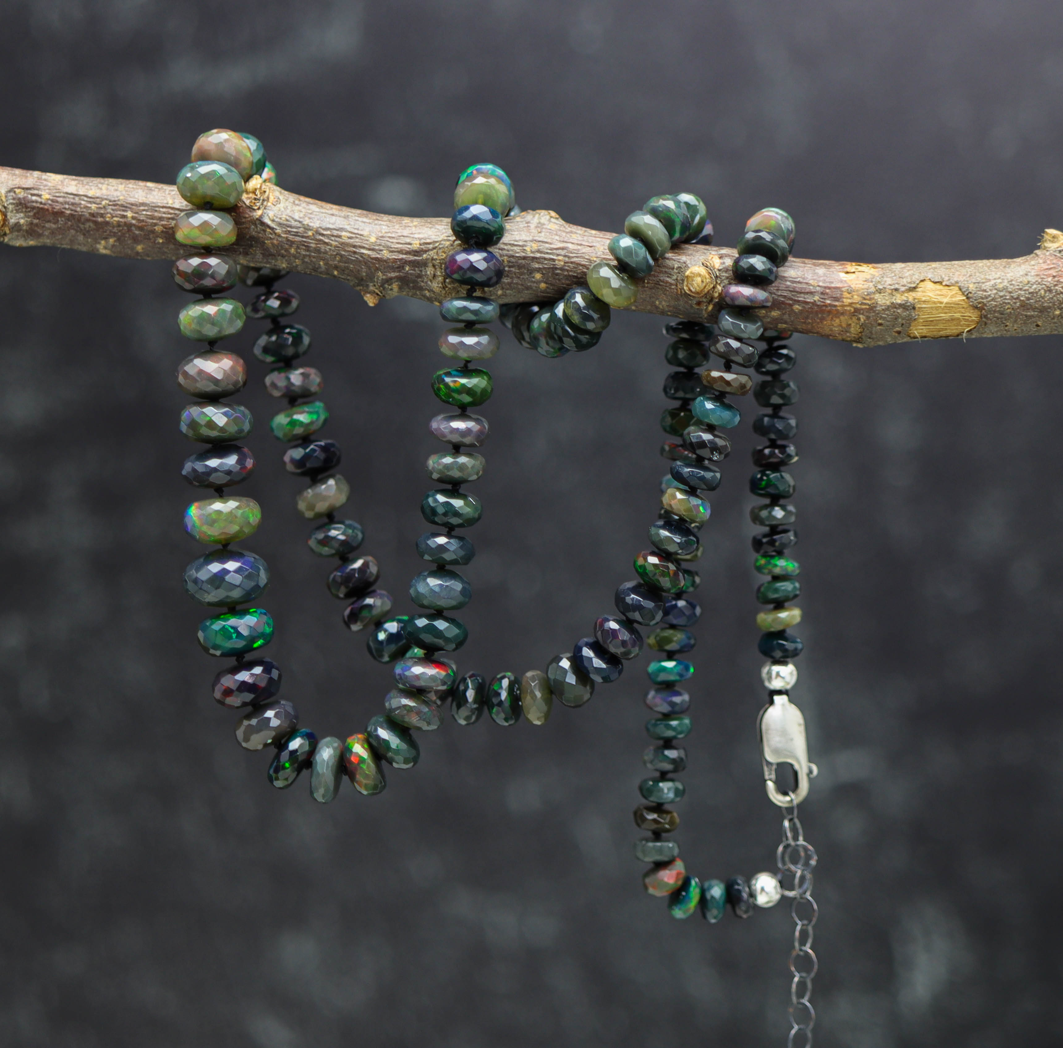 Black Opal Hand Knotted Bead Necklace Sterling Silver