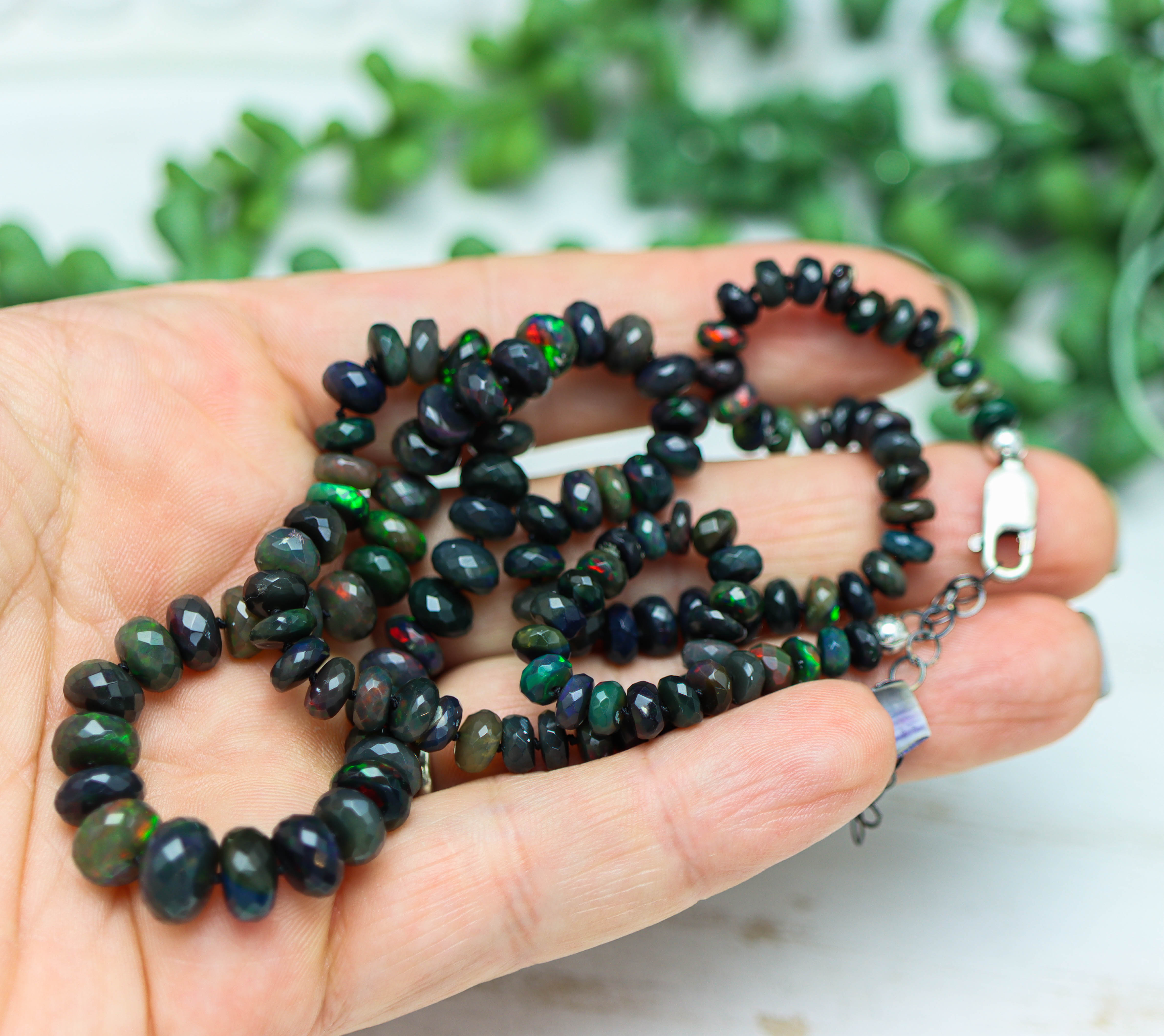 Black Opal Hand Knotted Bead Necklace Sterling Silver