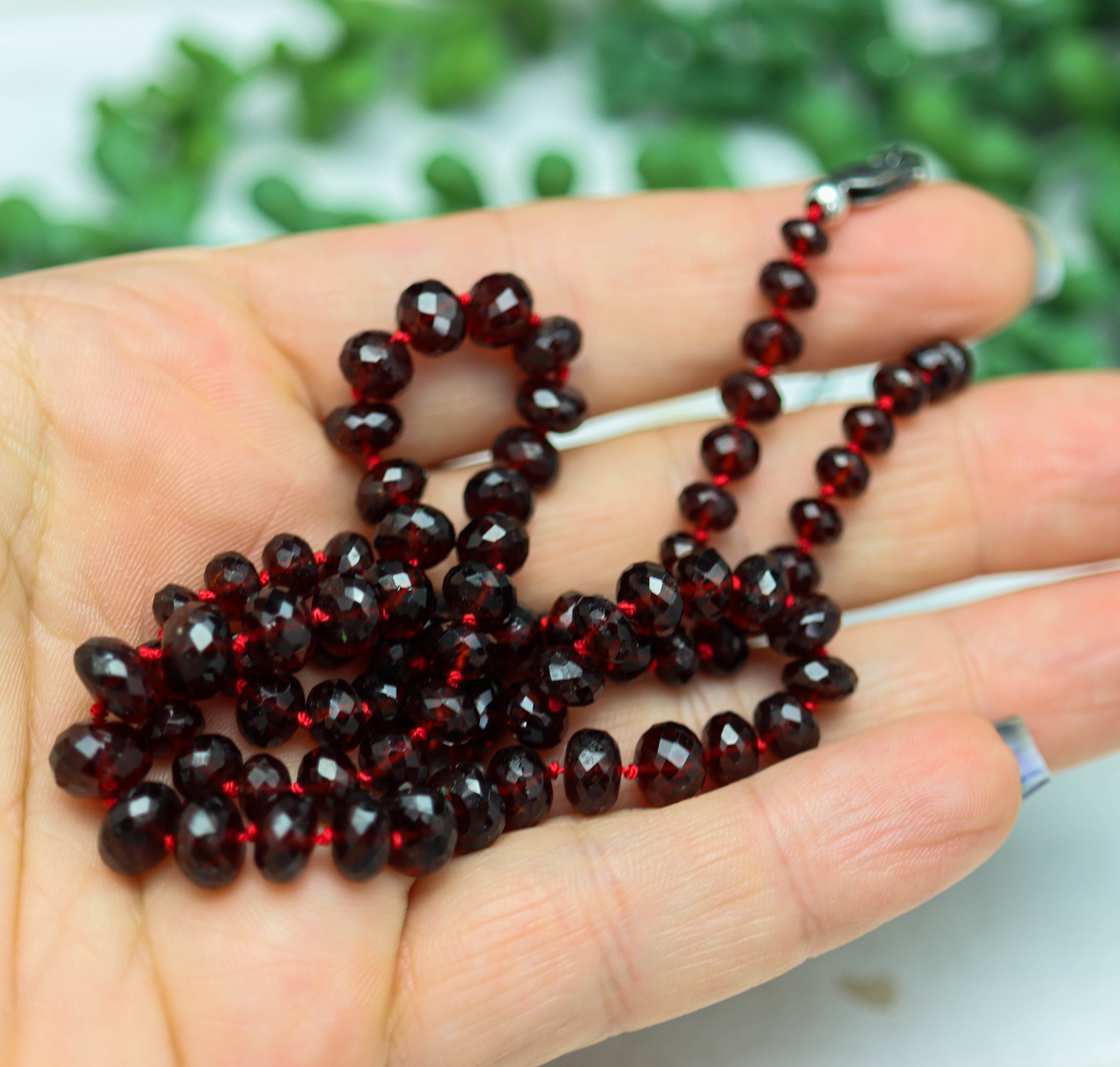 Red Garnet Hand Knotted Bead Necklace Sterling Silver