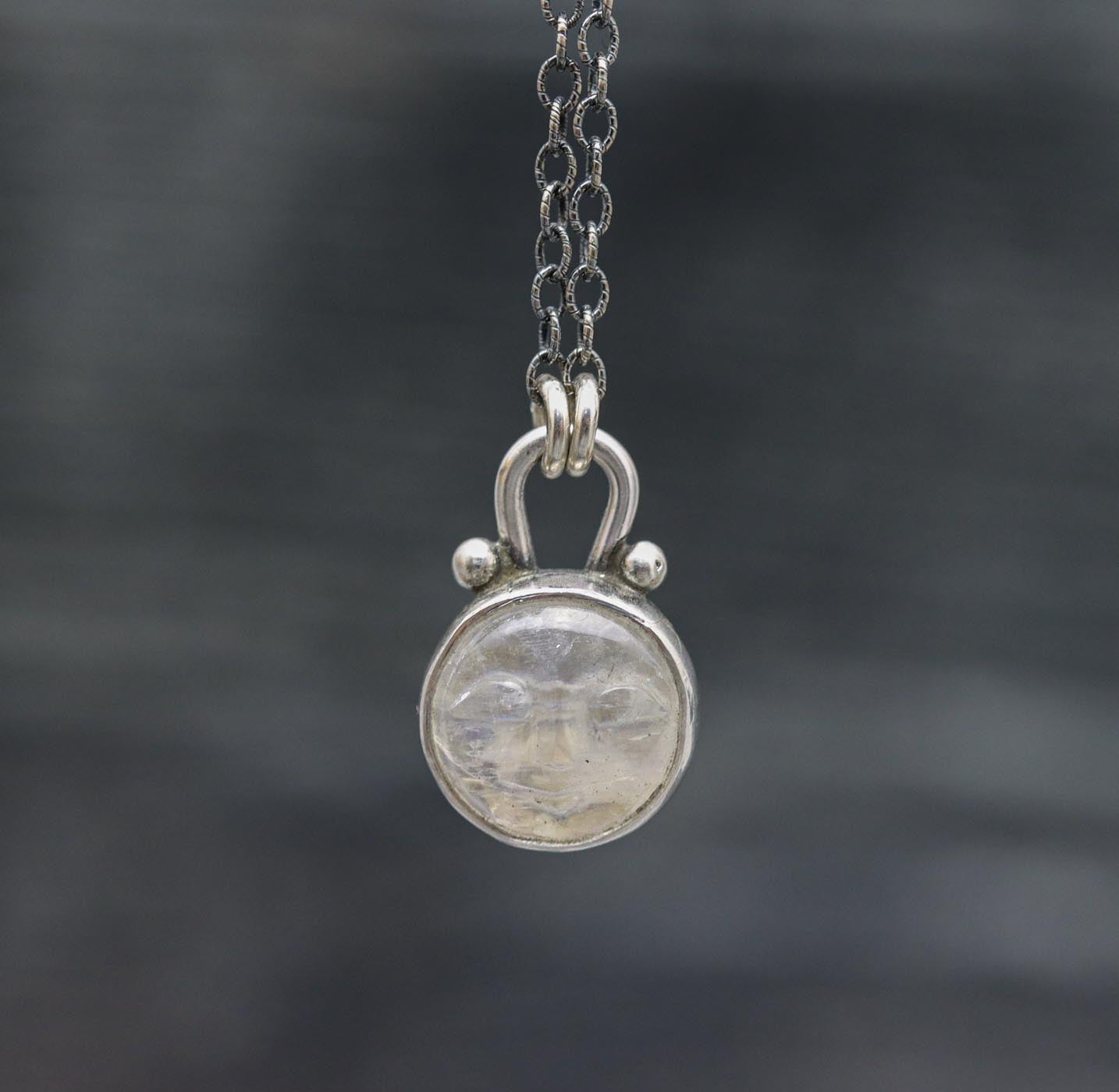 Carved Moonstone Moon Face Pendant Necklace Sterling Silver