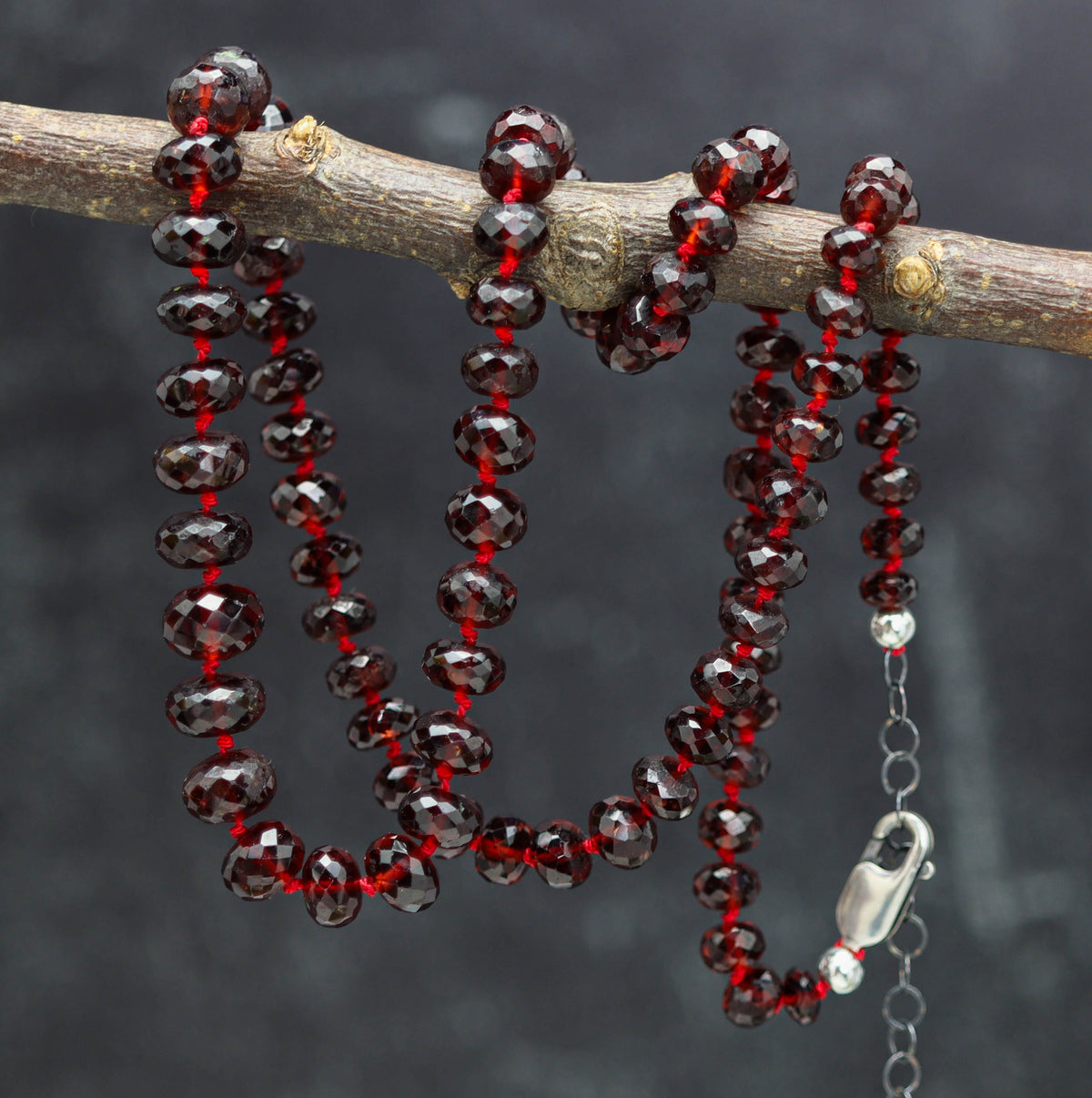 Red Garnet Hand Knotted Bead Necklace Sterling Silver